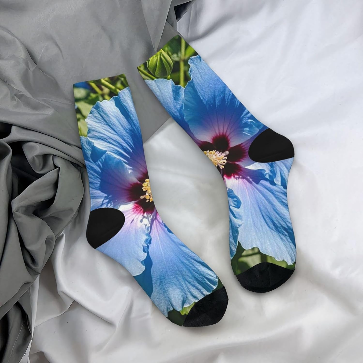 Socks for Women Men Warm Breathable Boot Socks Blue hibiscus Calf Socks Crew Sock for Hiking
