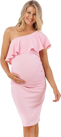 LaClef Womens Maternity Ruffled One Shoulder Side Ruching Dress