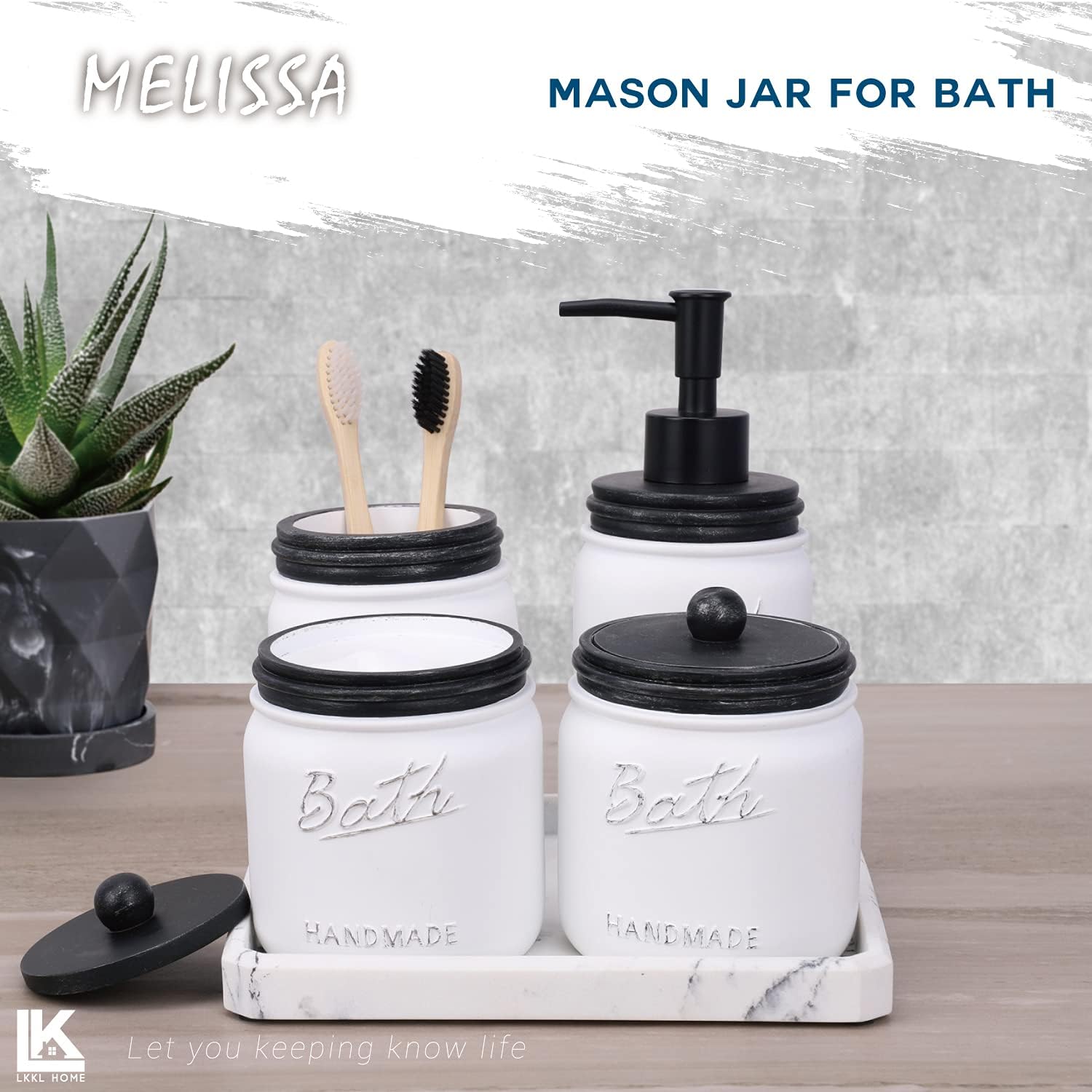 LKKL Mason Jar Bathroom Accessories Set 5 Pcs - Lotion Soap Dispenser & Toothbrush Holder & 2 Apothecary Jars & Vanity Tray - Rustic Farmhouse Decor, Countertop Vanity Organizer - Black/White : Home & Kitchen