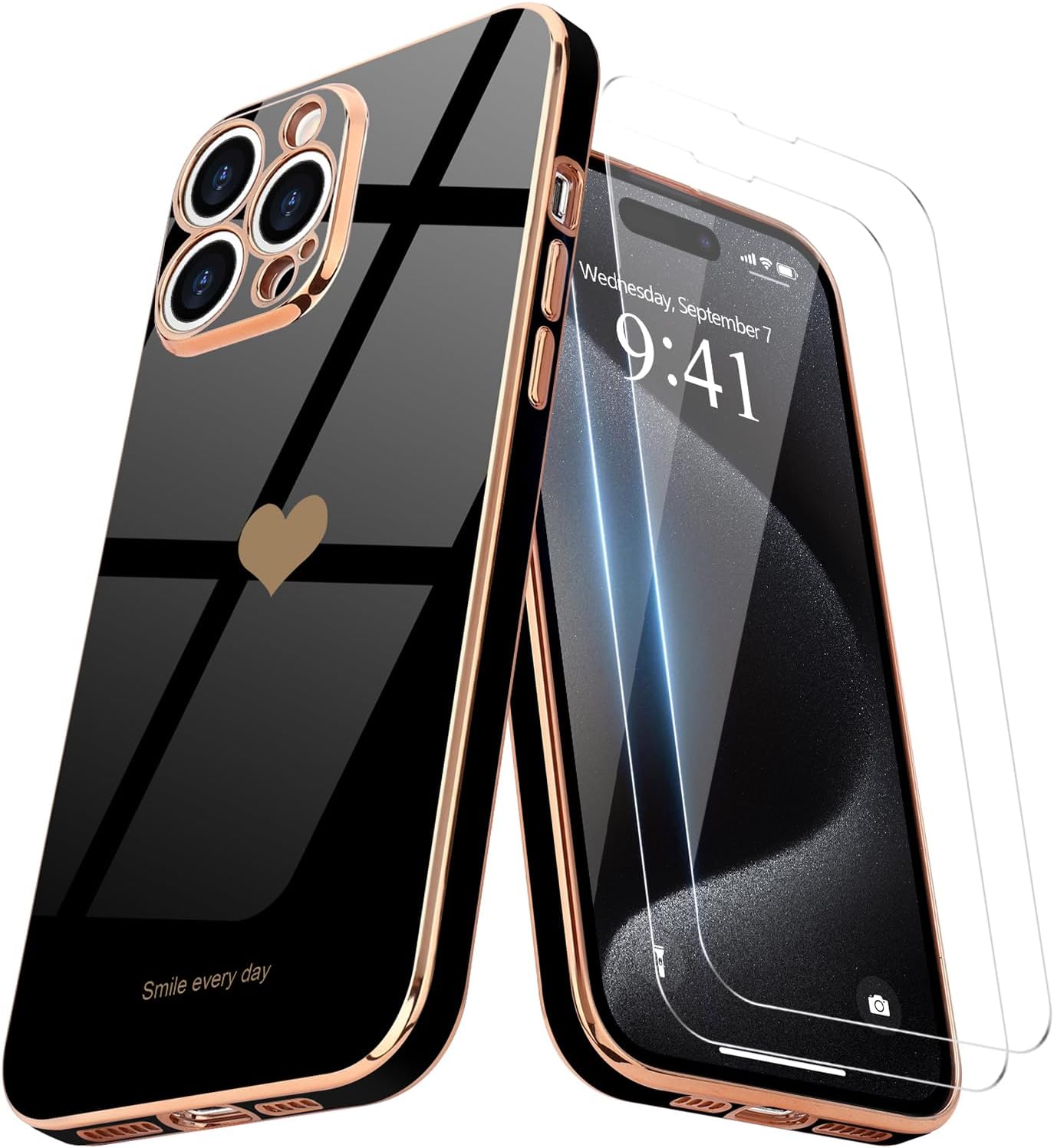 Teageo for iPhone 15 Pro Max Case with Screen Protector [2 Pack] Girl Women Cute Girly Love-Heart Luxury Gold Soft Cover Camera Protection Silicone Shockproof Phone Case iPhone 15 Pro Max, Black