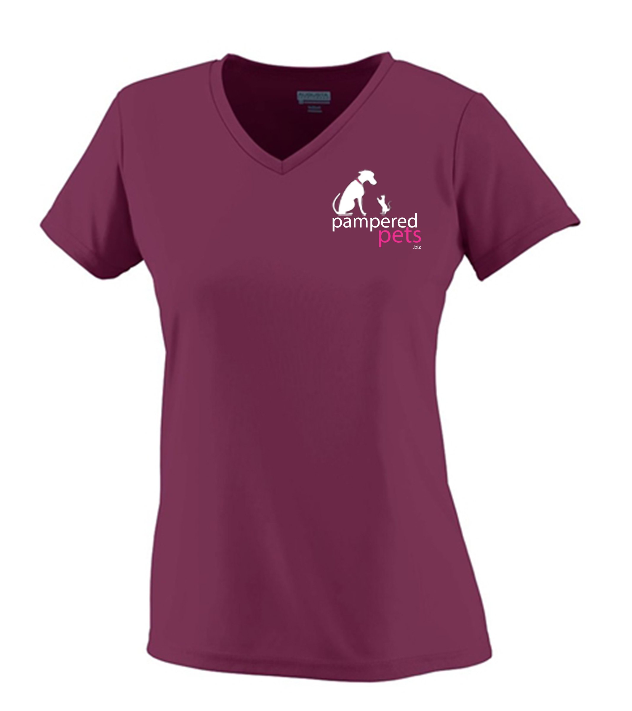 Pampered Pets Women's Augusta Wicking Look Pretty - Play Dirty V-Neck T-Shirt with Logo on Back