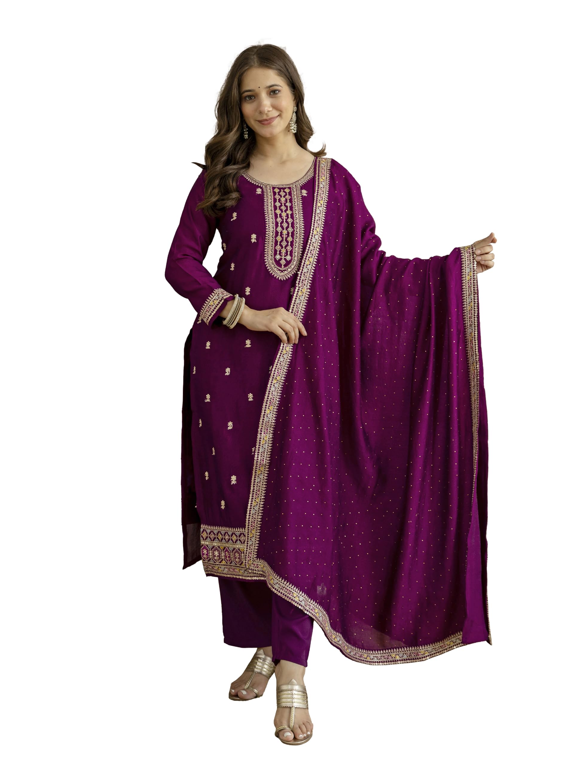 trendmalls Women's Art Silk Embroidery Sequence Work Salwar Suit Set Kurta Pant with Dupatta For Women-picture-15