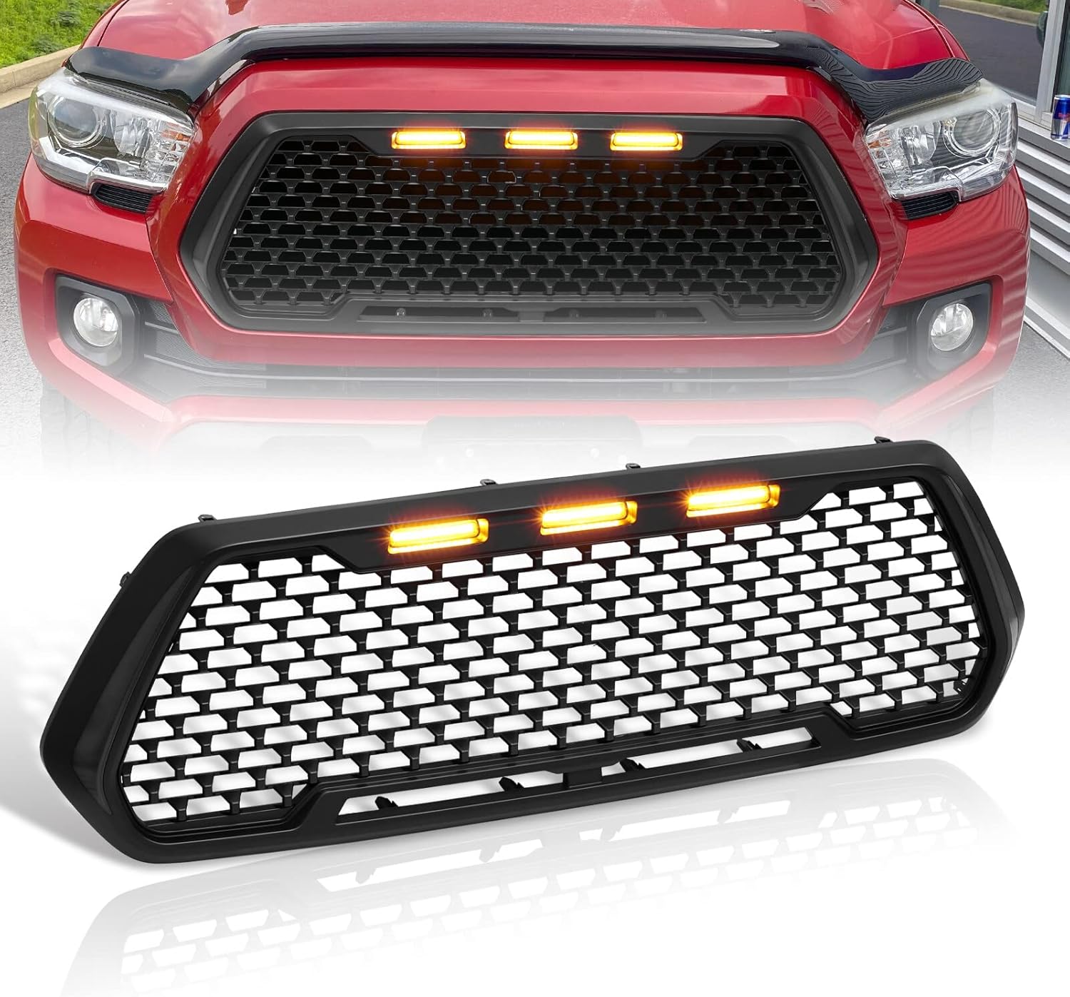 AJP Distributors Front Upper Hood Bumper Mesh Style Grille w/Amber LED DRL Running Lights Lamps Compatible/Replacement For Tacoma TRD Pro Pickup Truck 2016 2017 2018 2019 2020 2021 16 17 18 19 20 21