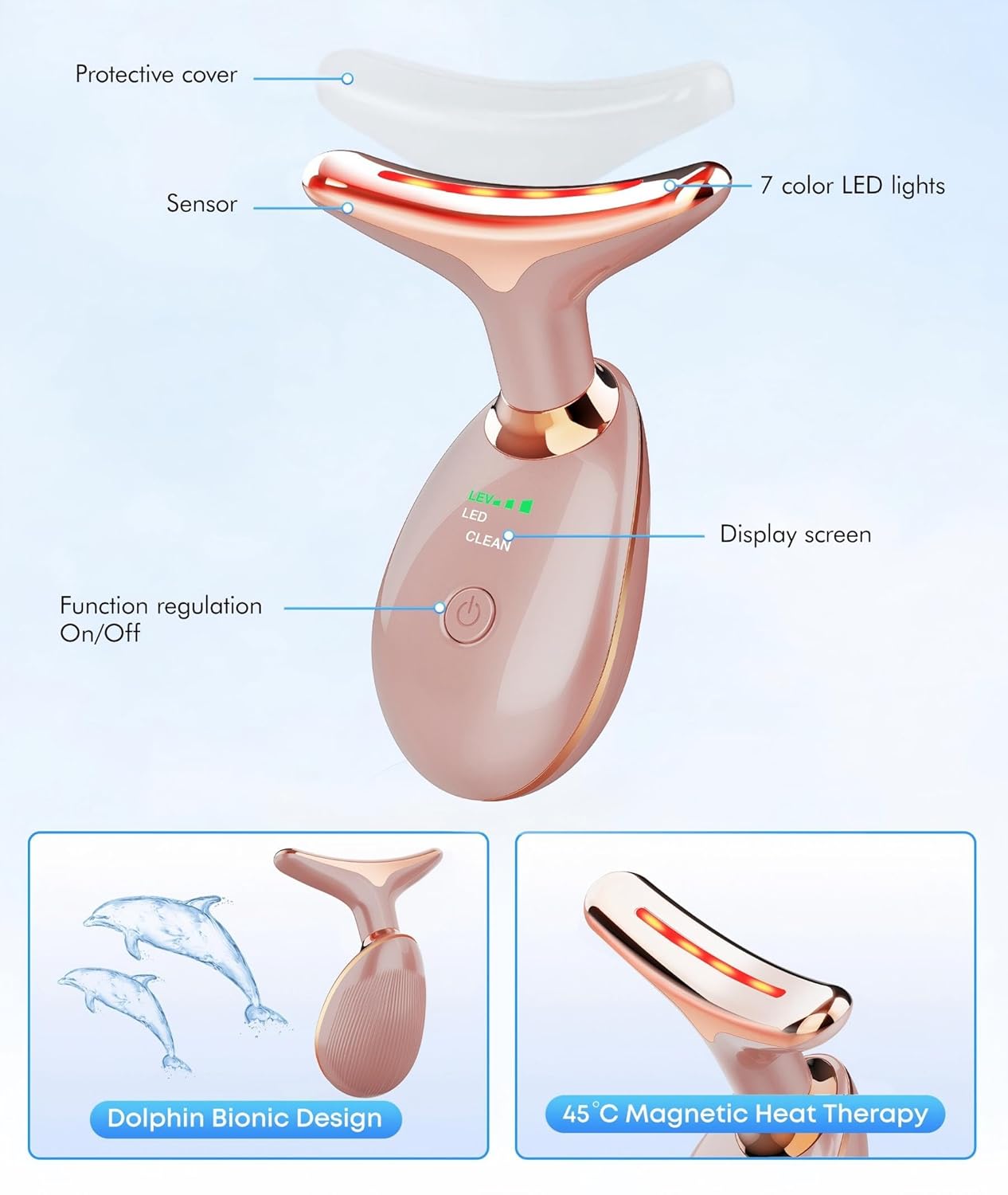 Red Light Therapy for Face and Neck, 7 Color Face Massager Tool for Wrinkles, Double Chin, Vibrating Facial Massager with Thermals for Skin Care, Rose Gold - Image 4
