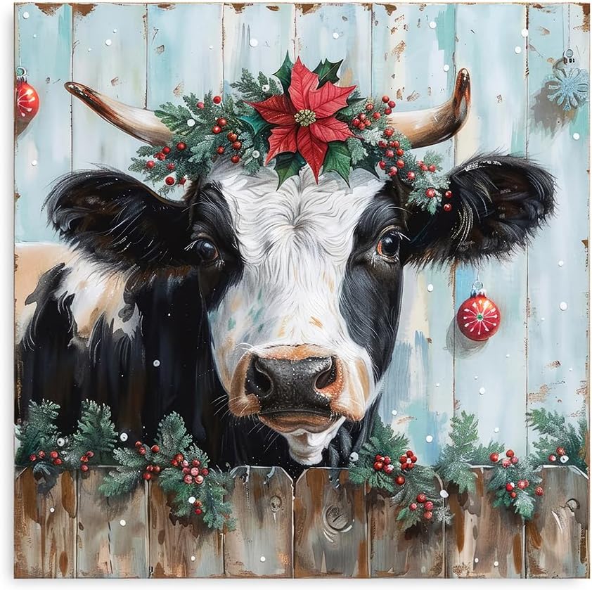 ATELIYISHU Farmhouse Christmas Wall Art Decor Vintage Cow Pictures for Living Room Farm Animal Painting Canvas Prints Home Decorations 24"×24" 24"×24" Cow