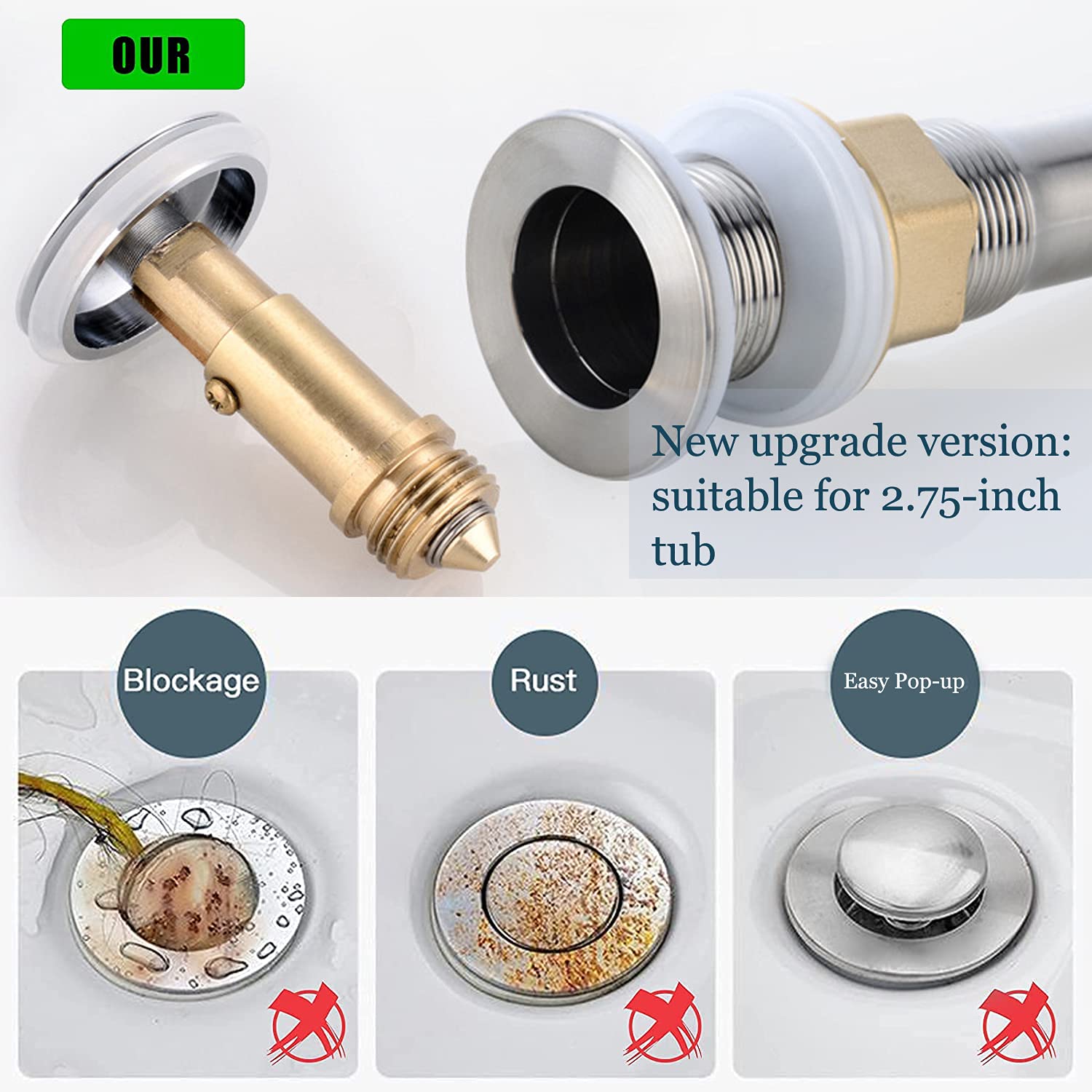 Bonde Clic-clac Pop-up 69mm Pour Lavabo De Salle De Bain, Lavabo De Cuisine, Lavabo De Salle De Bain, Bouchon En Laiton Massif Plaqué Chrome