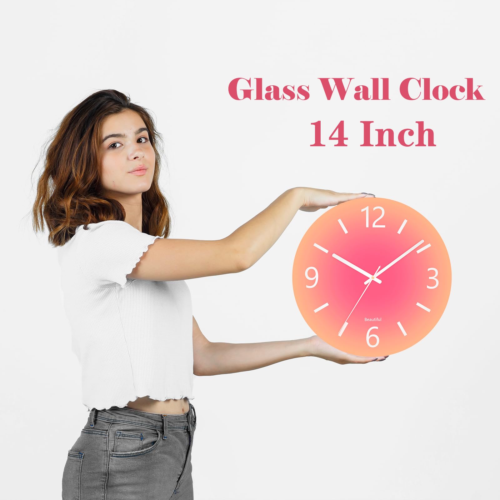 Grande horloge murale en verre trempé, 35,6 cm, horloge décorative ronde moderne pour cuisine/salle de bain/salon, style simple, fonctionne à piles, horloge intérieure et extérieure – Orange