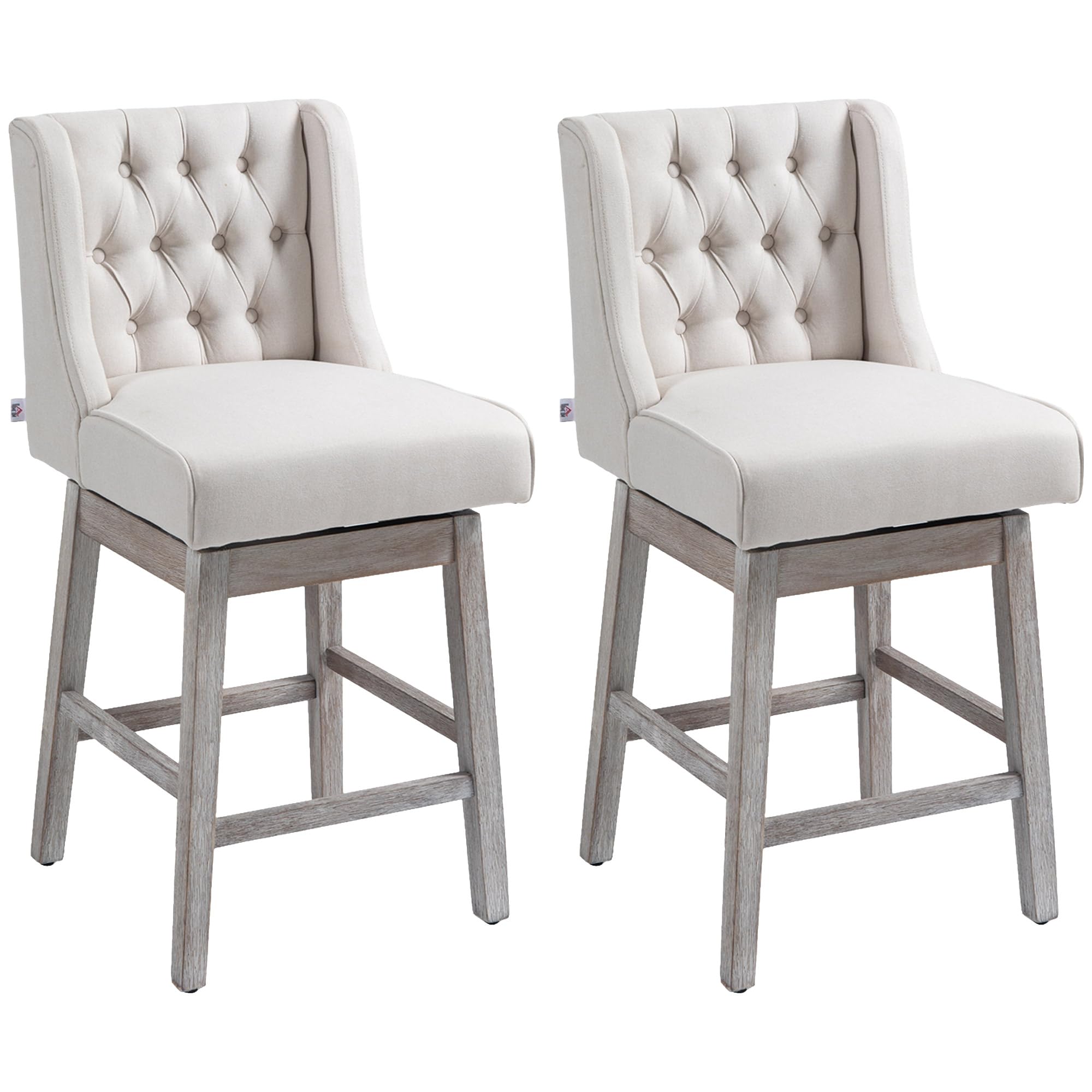 HOMCOM Juego de 2 Taburetes de Bar con Respaldo, Giratorios 180°, Taburetes Altos de Cocina con Reposapiés, Patas de Madera, para Salón, Comedor, Beige