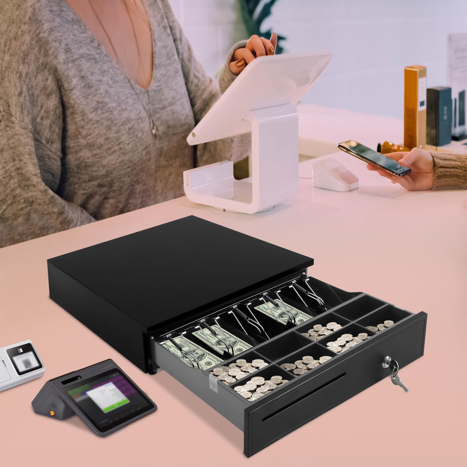 Cajón de efectivo para llaves, con 8 compartimentos para monedas y 5 compartimentos para billetes (euro), se puede cerrar con conector RJ-11 (caja registradora, cajón, cajón, cajón, cajón, 42 x 40 x