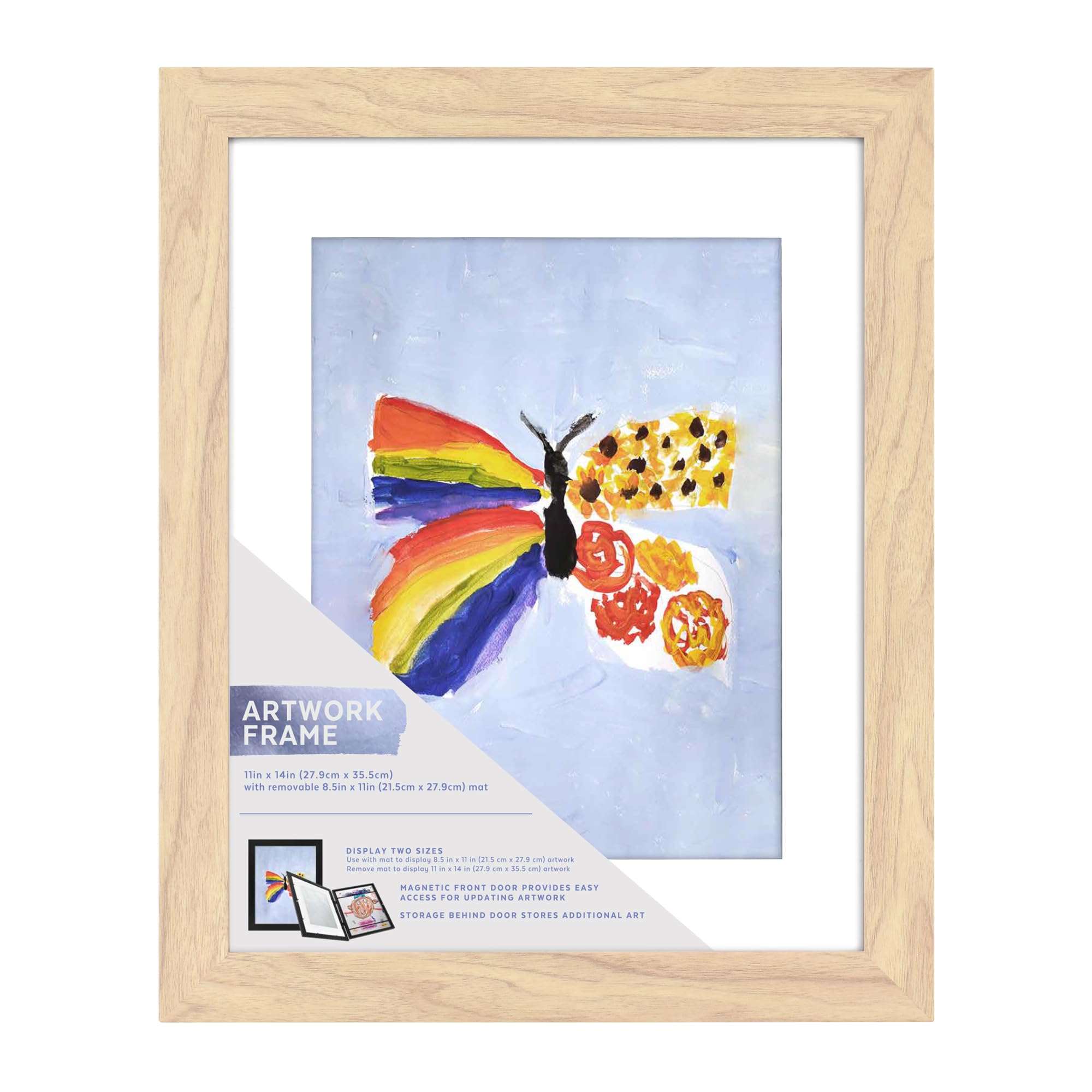 mcs kids' artwork frame, changeable magnetic picture frame with storage for children's art, 11 x 14 inch with 8.5 x 11 inch mat, natural woodgrain