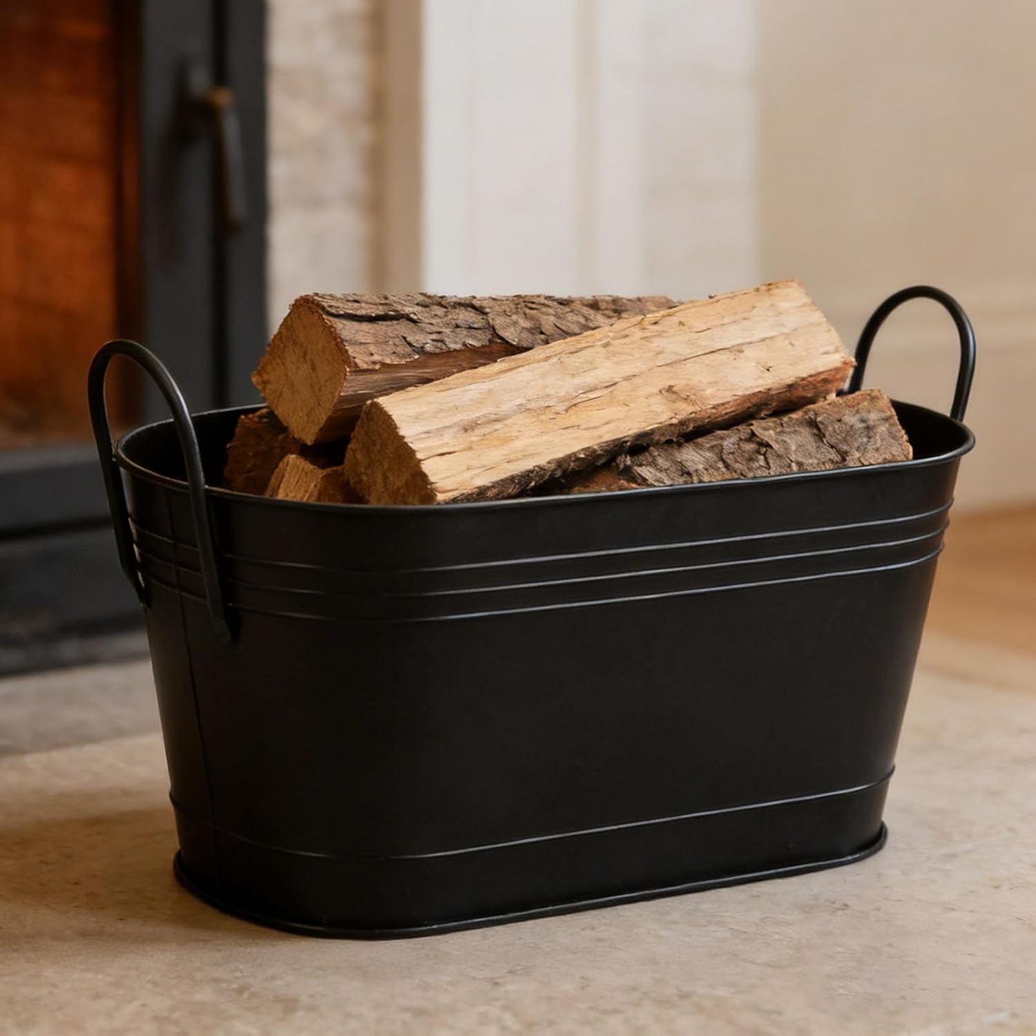 Firewood Holder Bucket, Oval Metal Log Carrier Storage Bin with Sturdy Handles, Multipurpose for Home Garden Outdoor Fireplace Planting