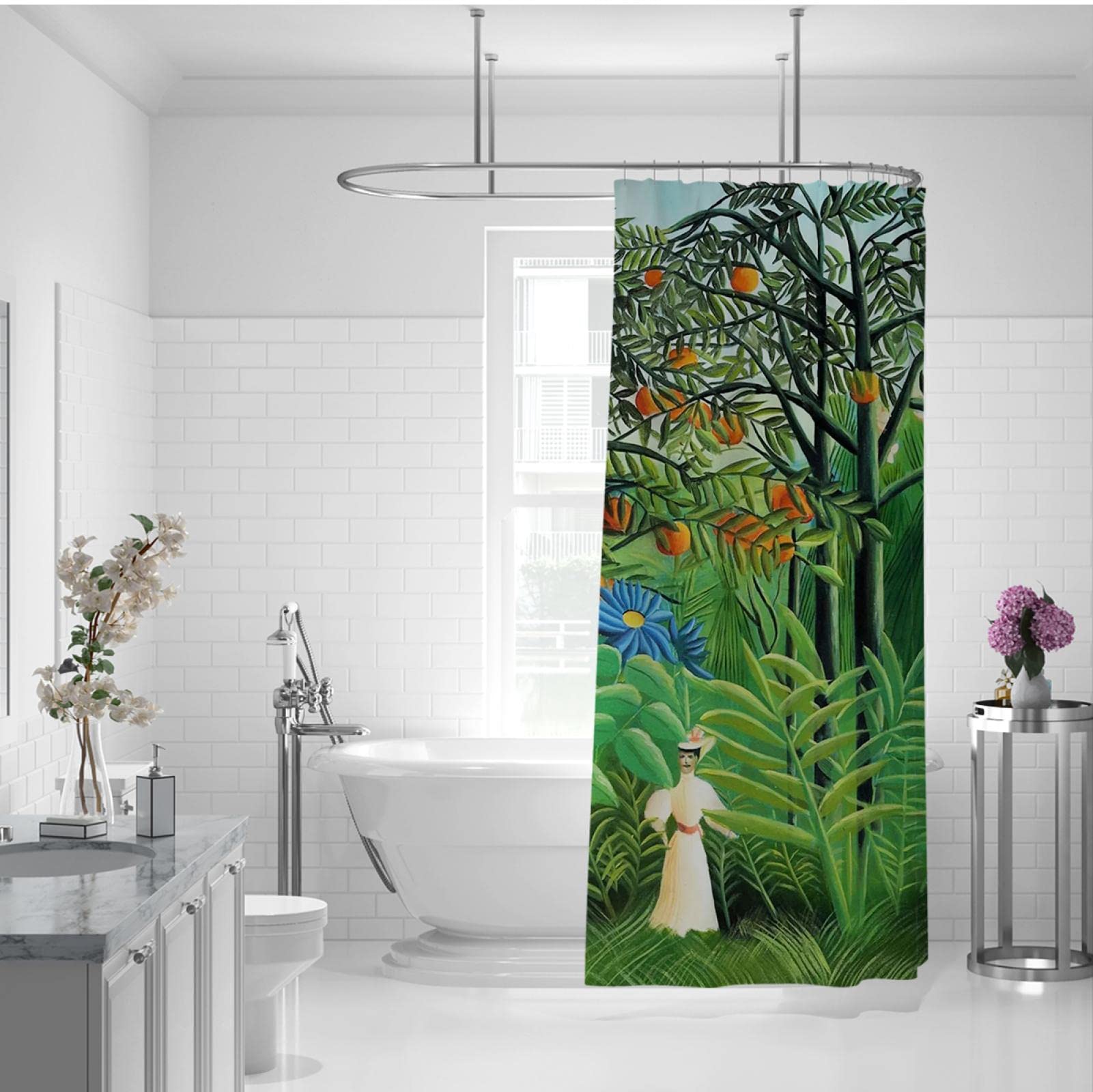 Zielona roślina zasłona prysznicowa Henri Rousseau drzewo owocowe kwiaty liście fantazyjne zasłony łazienkowe trwała zasłona prysznicowa zestaw 200 x 240 cm
