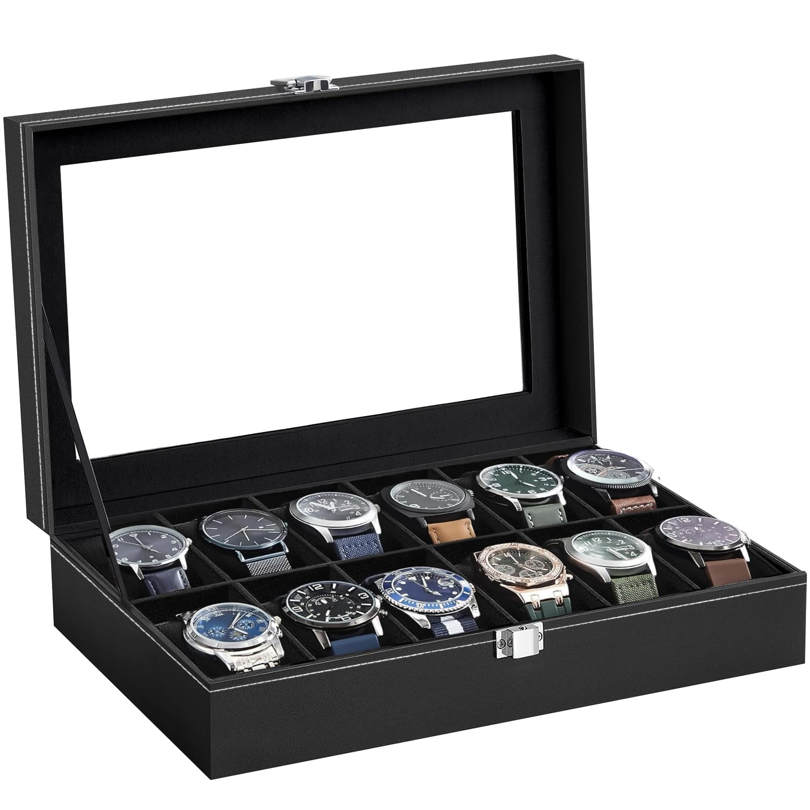 Scatola Portaorologi 12 Scomparti In Pelle PU - Con Vetro Trasparente E Cuscinetti Rimovibili - Foto 4