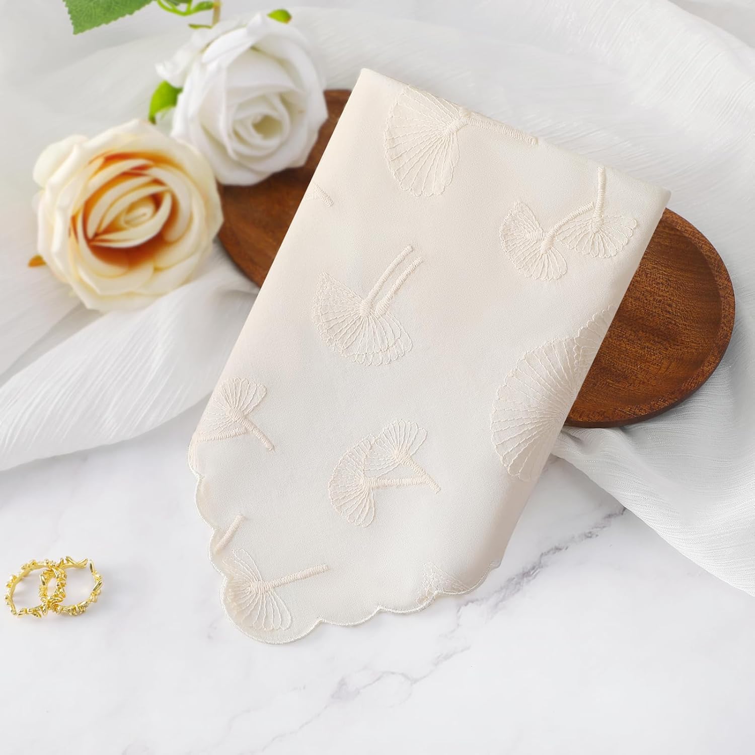 DoreenBeads Women's Cotton Handkerchiefs Dandelion Scalloped Embroidered Ladies Hankies for Wedding Parties 3Pcs - Image 3