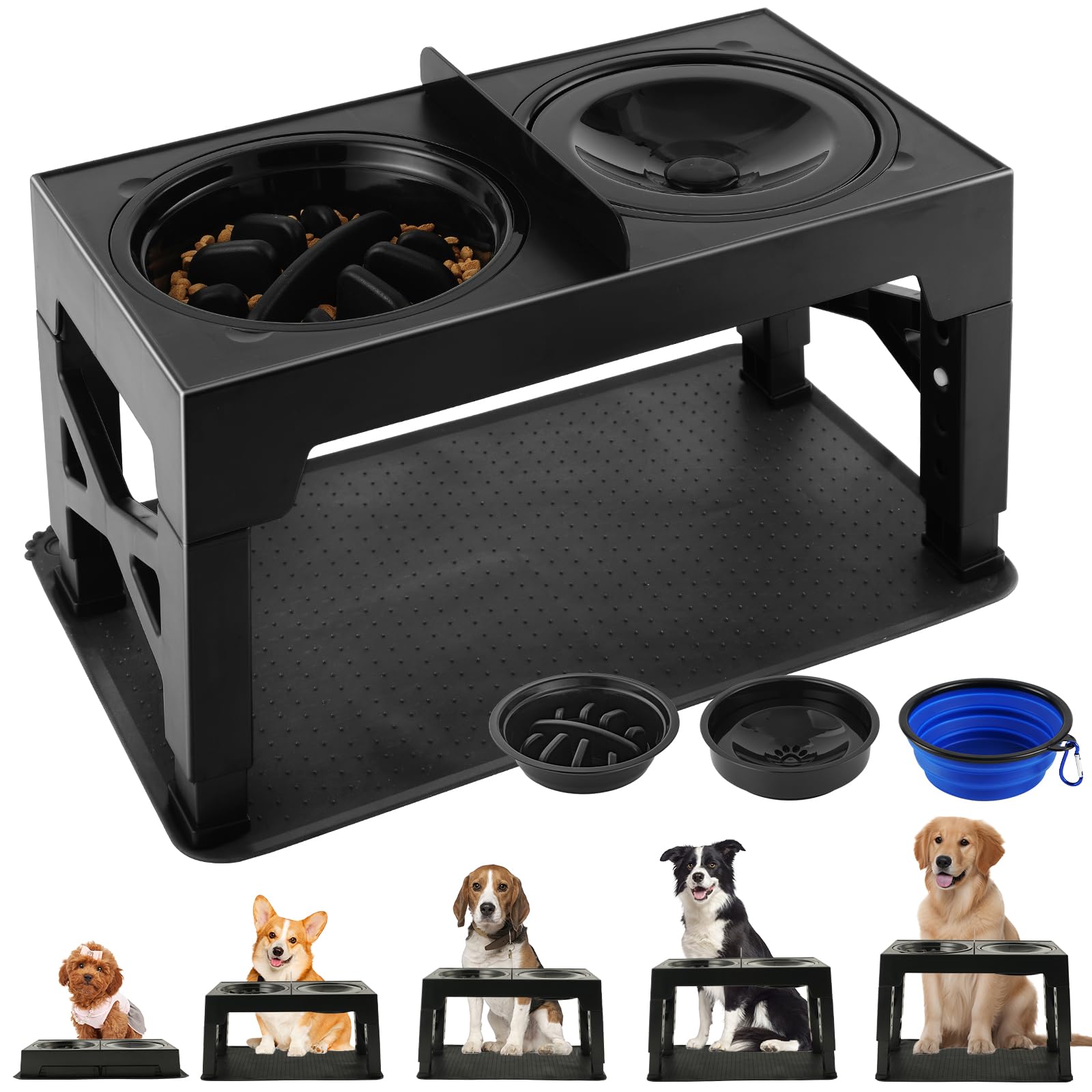 Ciotole per cani Rialzate Regolabili - Ciotola Acqua, Antingozzo, da Viaggio e Tappetino - Base antiscivolo per cani di taglia media/grande