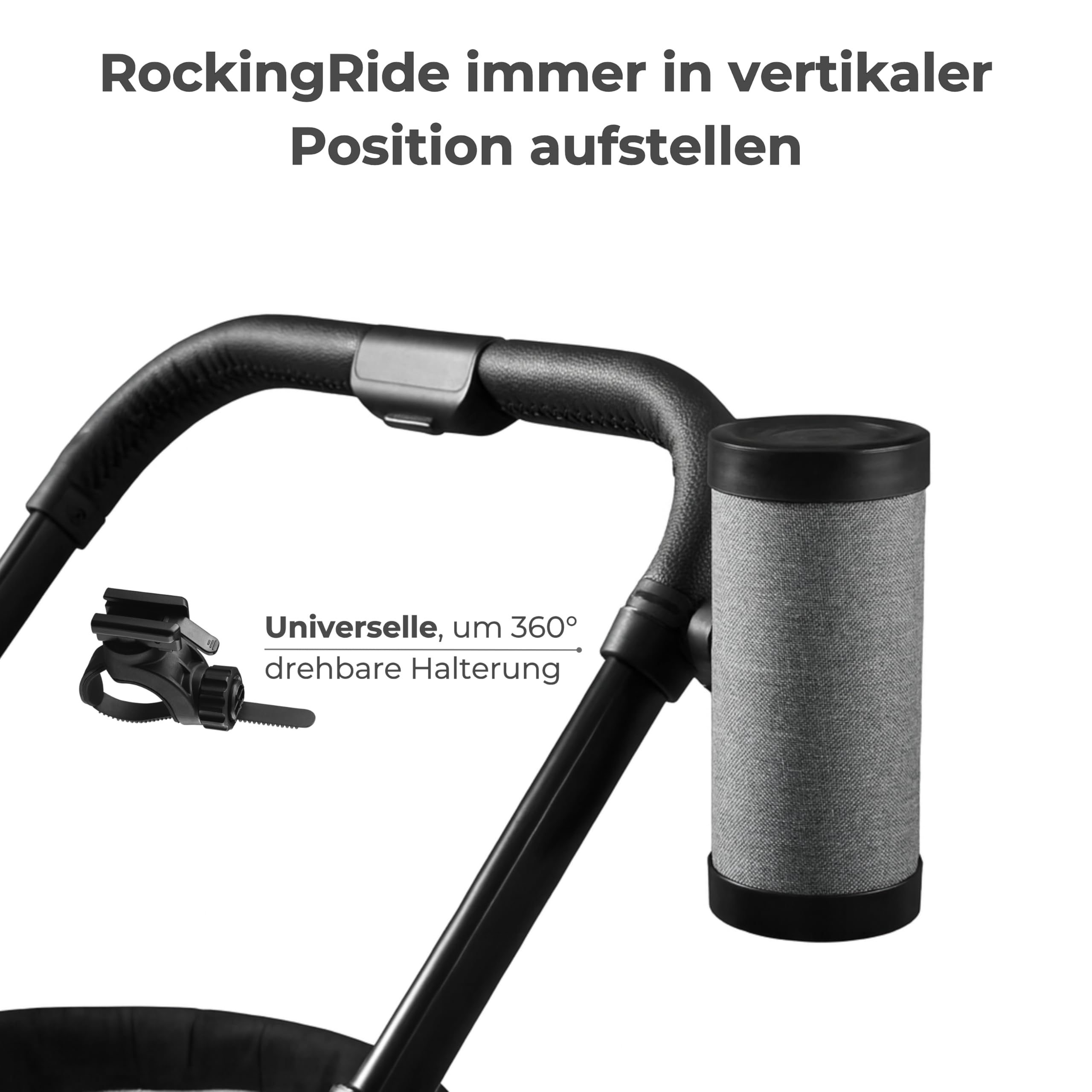 Automatischer wiederaufladbarer Schaukelaufsatz für Kinderwagen, mit Sicherheits-LED, 3 Schaukelstufen, bis zu 30 Stunden leiser Betrieb, USB-C – RockingRide PRO (Schwarz)
