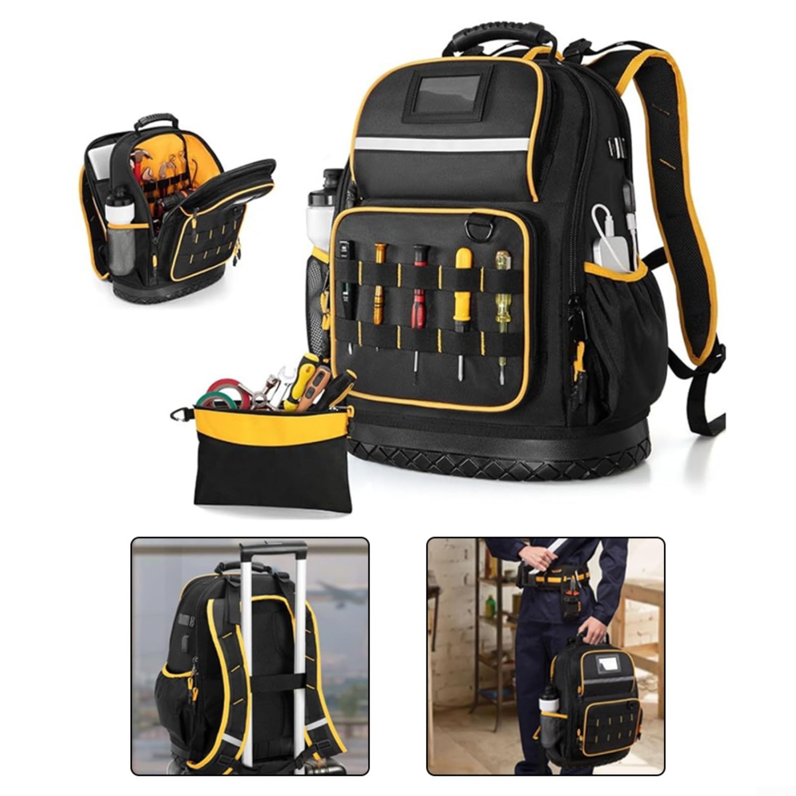 Mochila de herramientas profesional, tela Oxford resistente con parte inferior dura, múltiples bolsillos, funda para laptop para almacenamiento en el lugar de trabajo