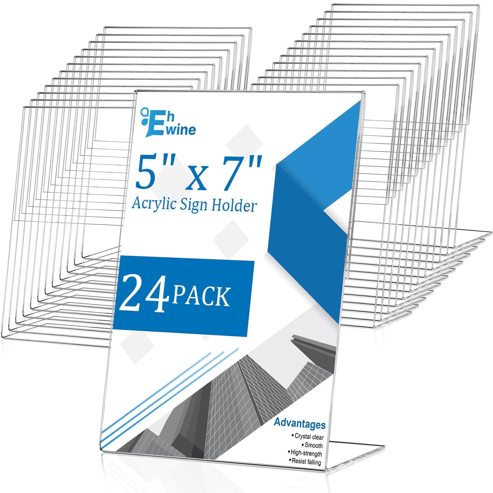 EHWINE 24 Pack 5 x 7 Acrylic Sign Holder, Clear Plastic Signs Display Stand, Vertical Slanted Back Paper Holder Stand up Table Top Sign Holders Flyer
