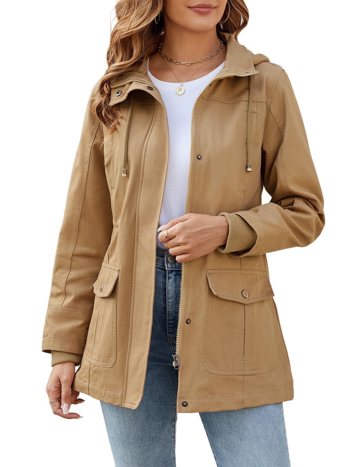 Tuopuda Chaqueta Militar Mujer Primavera Otoño Parka Entretiempo Cazadora Algodón Casual Sahariana Cintura Alta Cordón Zip Up Capucha Multibolsillos Aviador Abrigos Chaquetas Verano