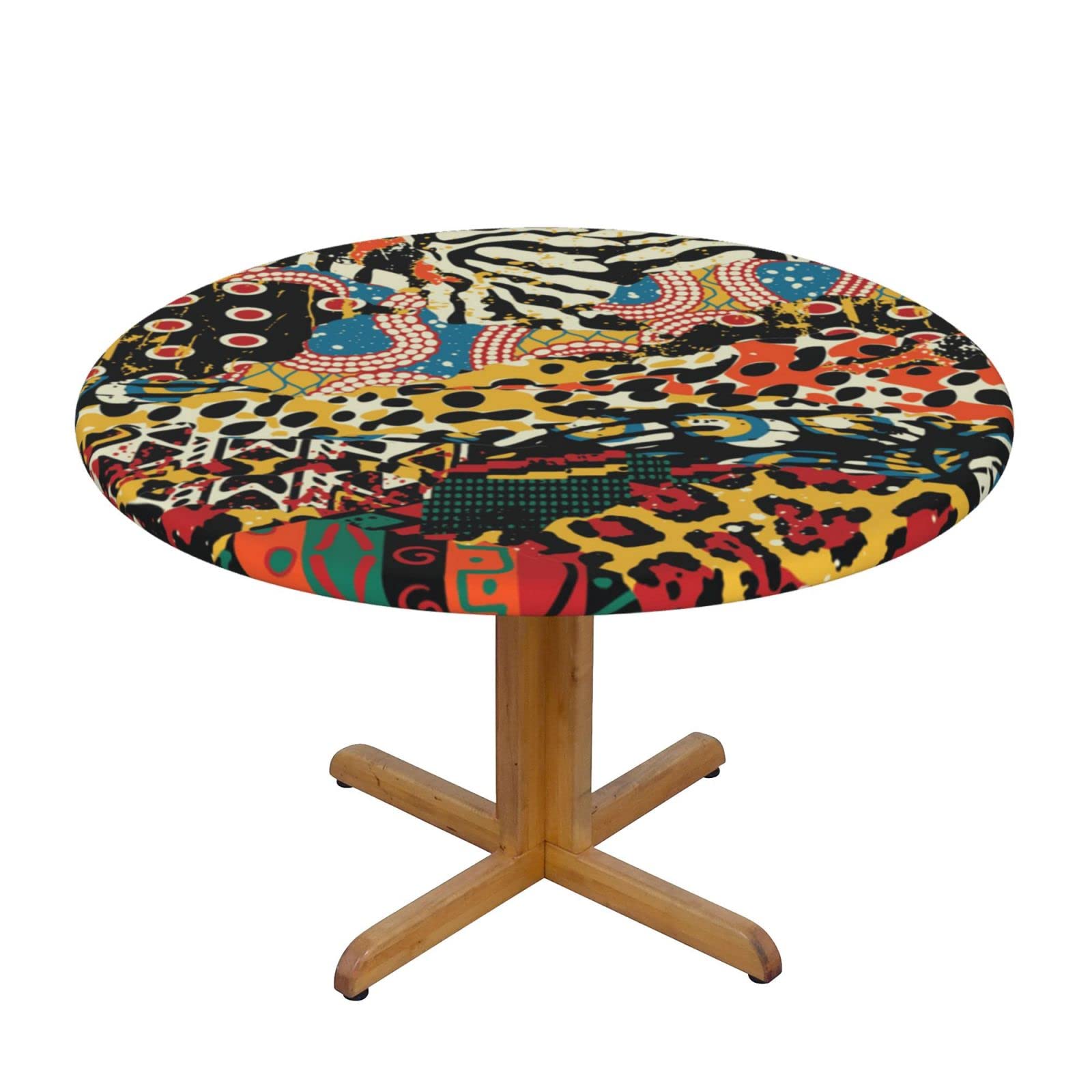 Lsjuee Round Fitted Tablecloth 45-50in Elastic Edged Table Cloth for Kitchen Dining Party Home Decor - Traditional African Animal Skins Colorful