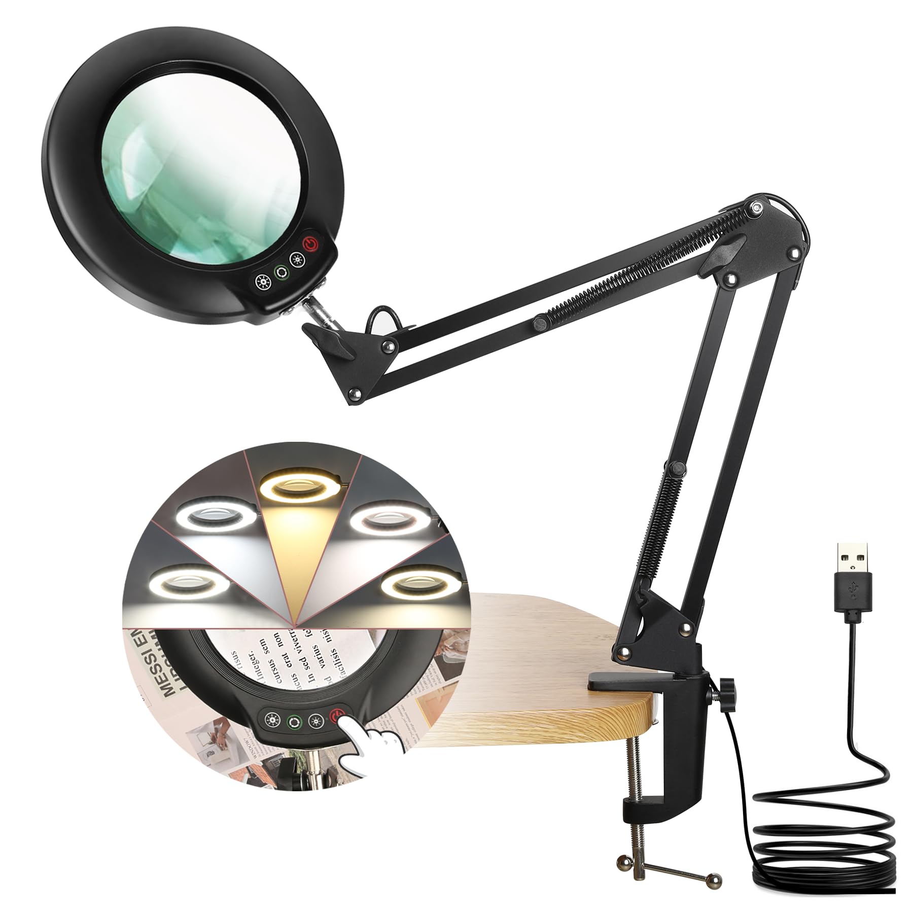 Jubor Upgraded 15X 10X Magnifier Desk Lamp With Light, LED Magnifier Lamp With Clamp And Swivel Arm, Desk Lamp With 5 Adjustable Color Modes For Reading, Repair, Crafts