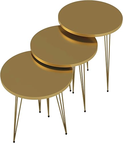 Miniatura 6 de PAK HOME Juego de 3 mesas auxiliares anidables doradas de alto brillo, mesas auxiliares redondas de madera apilables con patas de metal para sala de