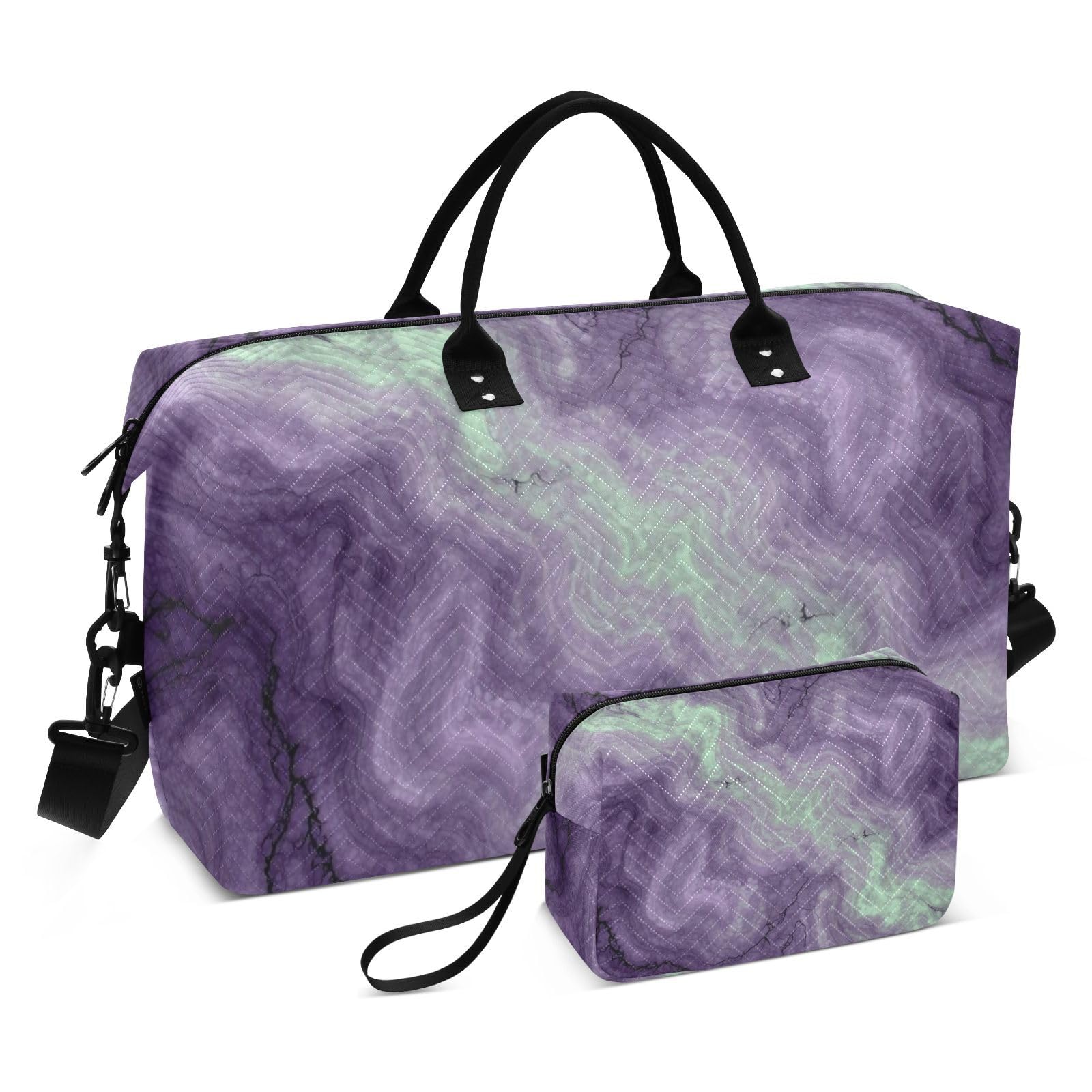 Reisetaschen-Set, 2-teilig, gewellt, gesteppt, Trolleyhülle, geräumig, Urlaub, Reisen, Pflaumenfarbener Marmor, One Size, Klassisch