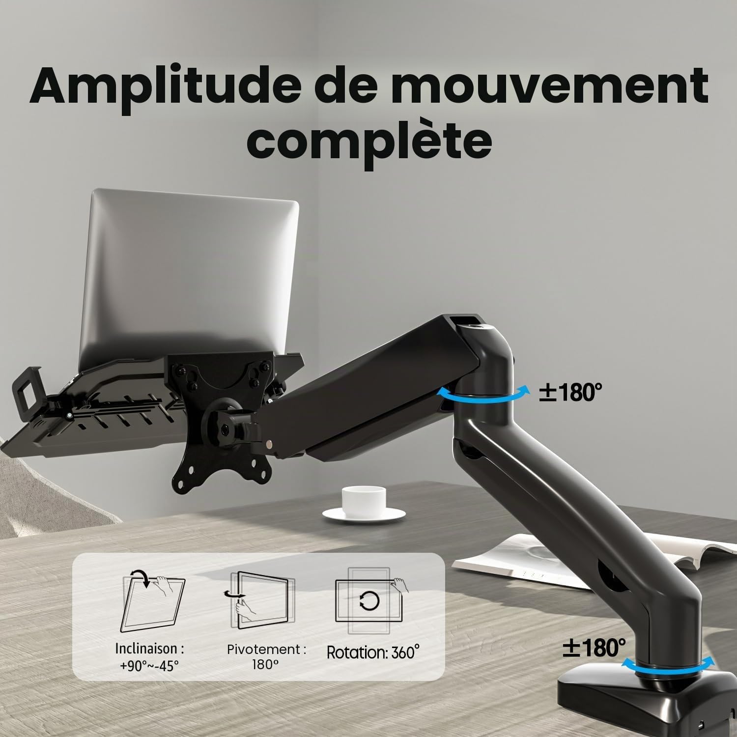PUTORSEN Bras de Moniteur pour écran LCD LED 17-32" et Ordinateur Portable 17", réglable, 2 Fixations