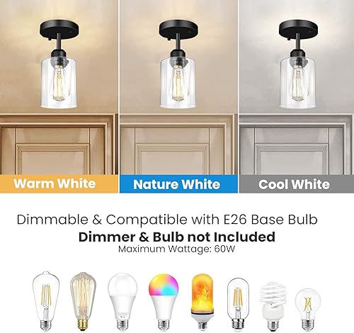 Miniatura 3 de Sheetea - Paquete de 3 luces de techo semiempotradas, modernas lámparas de techo con pantallas de vidrio transparente, iluminación industrial negra