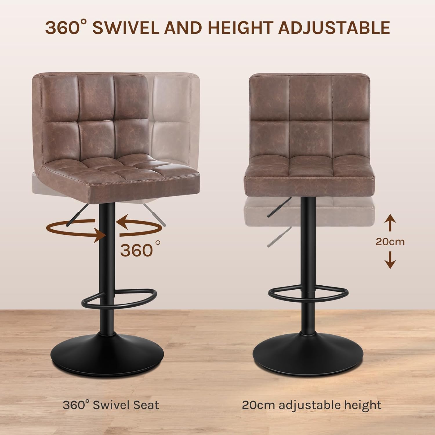 Diagram showing 360 degree swivel and height adjustment of the bar stool.