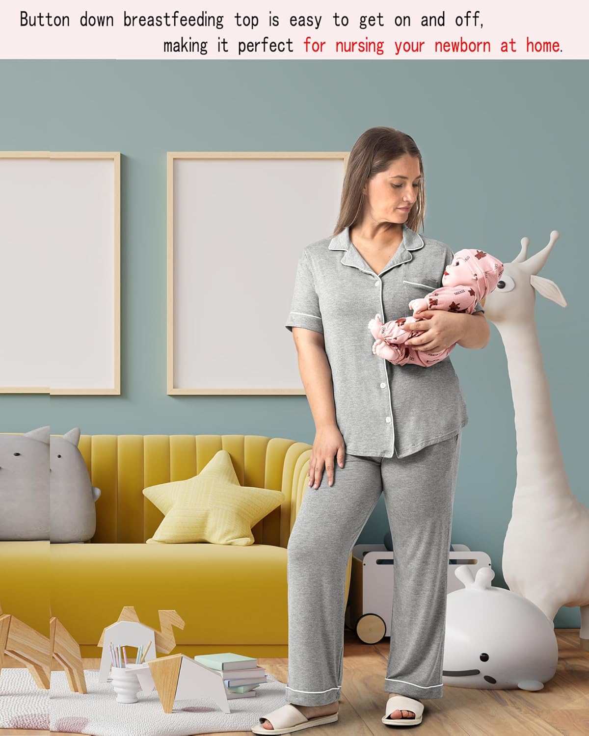 Rnxrbb 3 PCS Women Maternity Pajamas Set Nursing Postpartum Breastfeeding Pjs Sleepwear Lounger Clothes Button Down