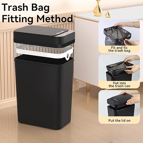 Vista 5 de Paquete de 3 cubetas de basura para baño 2.6 galones, cubetas de basura automáticas delgadas sin contacto con sensor de movimiento, cubetas de Negro