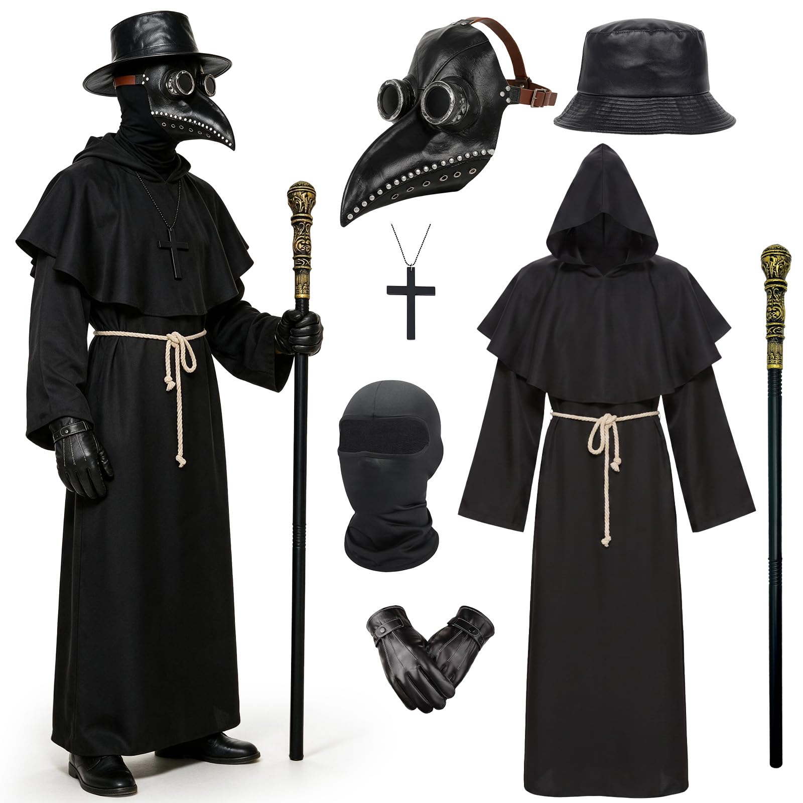 Tantanbear Plague Doctor Costume Set, 7PCS Plague Halloween Mask Long Nose Beak Mask Black with Black Hooded Cloak Cross Necklace Hat Gloves Cane Full Face Mask for Cosplay Halloween Carnival