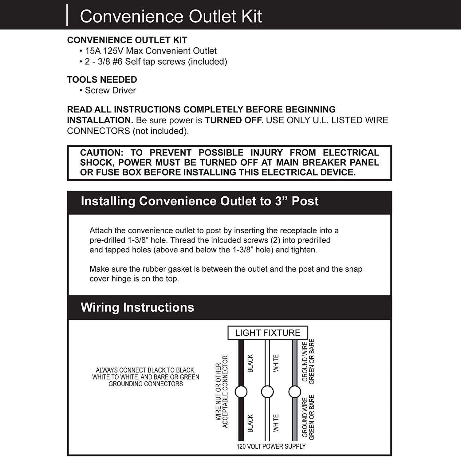 Grounded Convenience Outlet for Outdoor Lamp Post, Briidea 125V 15A Electrical Outlet for Light Pole, Replacement, Black