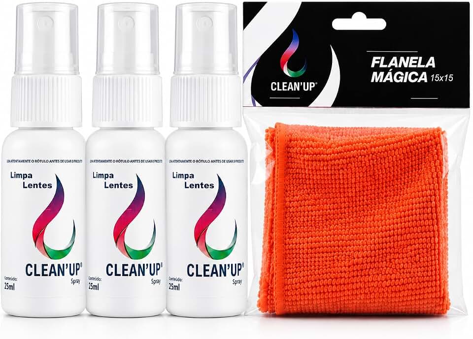 LIMPA LENTES Clean Up Spray Limpa Lentes 25ml Kit com 3 Unidades e 1 Flanela de Microfibra Multiuso para Óculos Telas e Superfícies