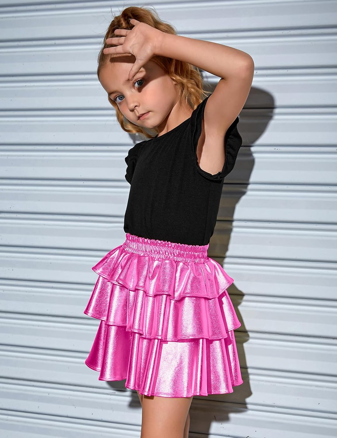 Perfashion Girls' Sparkle Metallic Skirts Layers Ruffle Sequin Tutu Dance Skirt with Sunglasses for Kids 6-15 Years