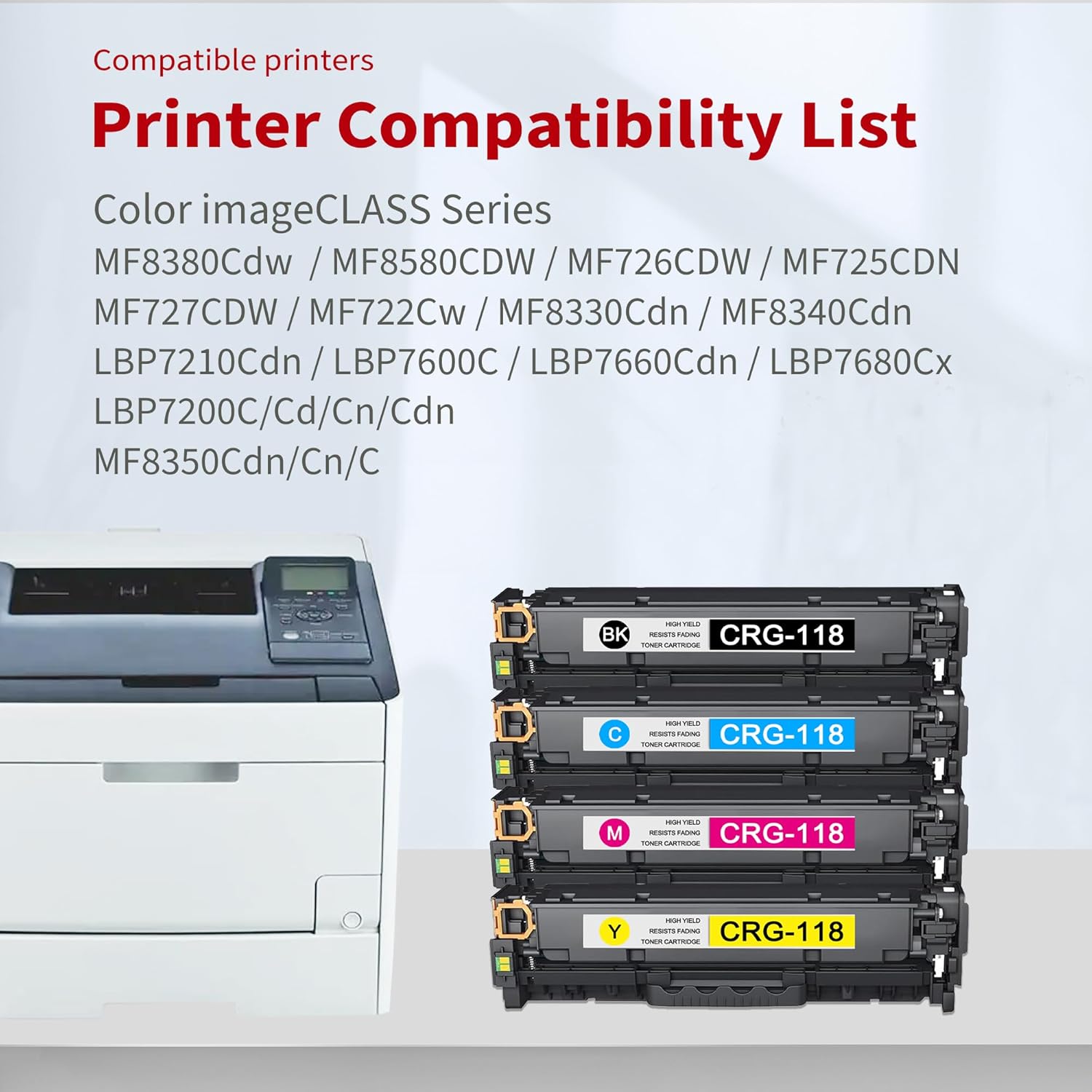 118 Toner Cartridge 4 Pack - High-Yield Replacement for Canon CRG-118 CRG118 Toner for Color Imageclass MF8580Cdw MF8380Cdw MF8350Cdn MF726Cdw LBP7660Cdn Printer (Black Cyan Magenta Yellow)