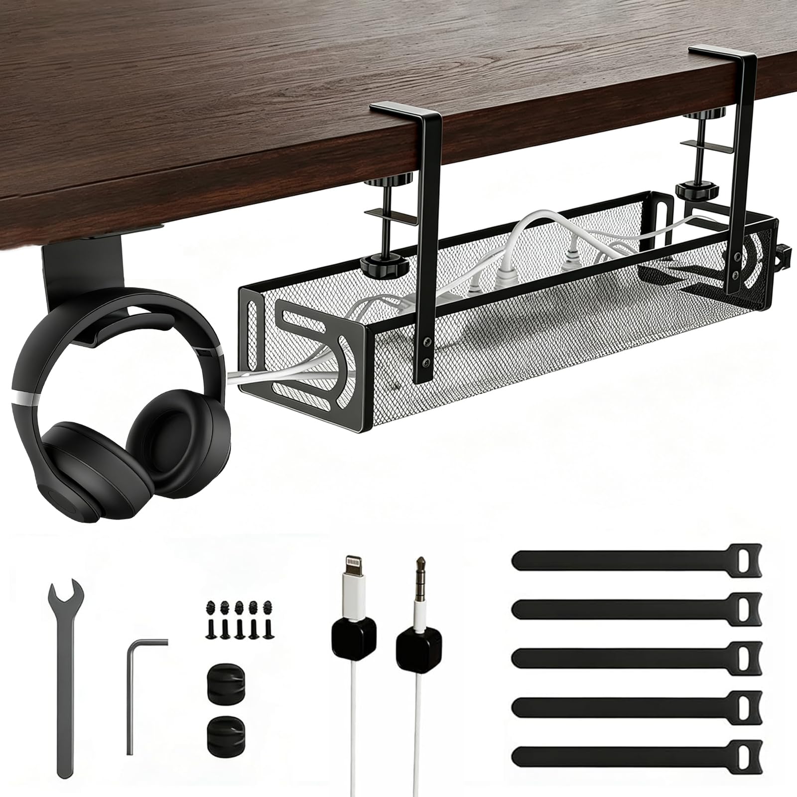 Cable management under the desk, Cable tray without drilling, Metal mesh storage box, Desk organizer for cables for home, Office, Internet cafes, Kitchens, etc.(Includes headphone holder)