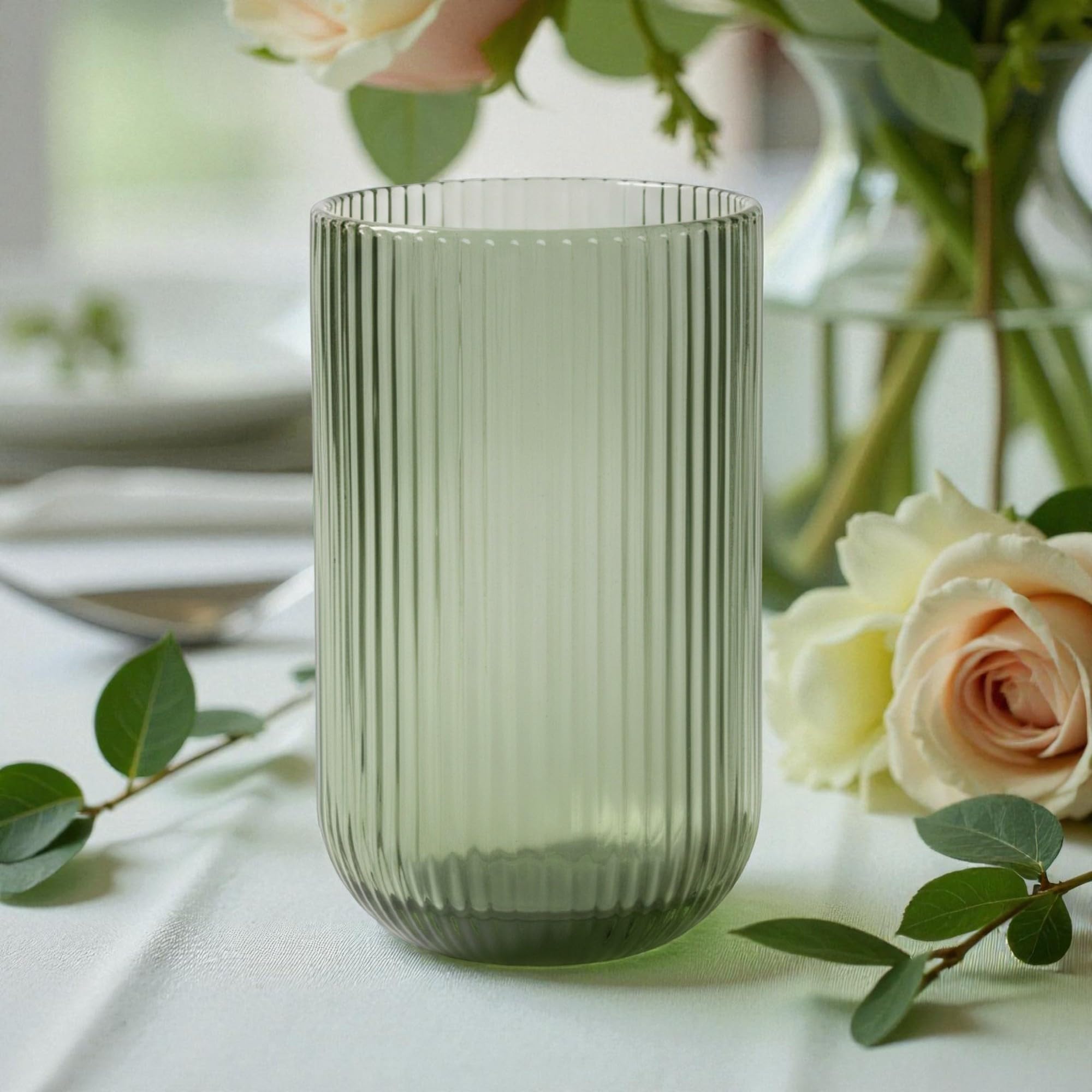 GMMH 6er-Set Geriffelte Trinkgläser und Weingläser, Line, Linie Geriffelt, Ribbed, Glas, Longdrinkgläser, Cocktail Gläser mit Prägung, Trinkglas, Weinglas, Wasserglas (Grün Trinkglas)