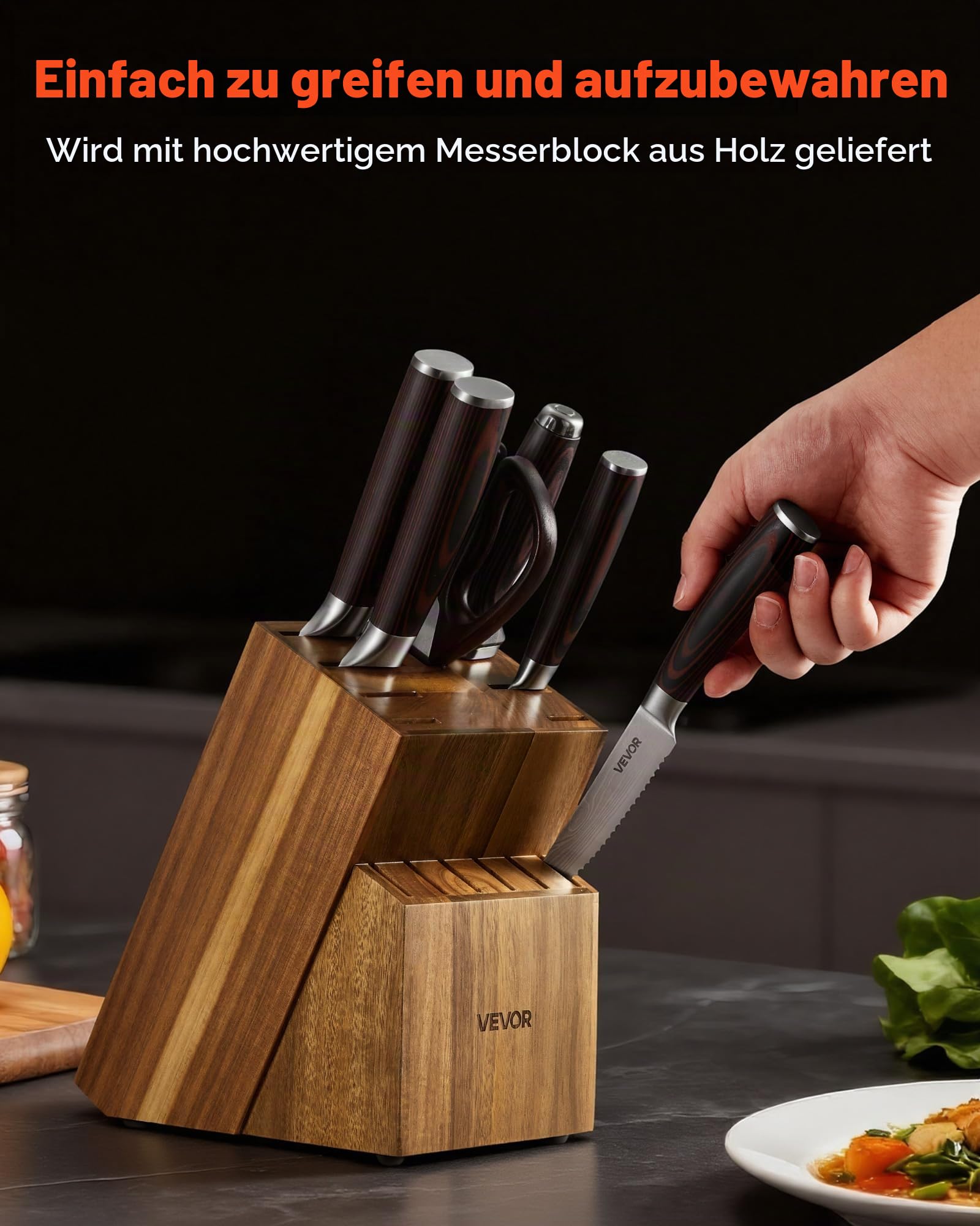 VEVOR Küchenmesserset mit Messerblock (Holz) & Wetzstahl, 15-tlg. Messerset, scharfe Messer aus hochkohlenstoffhaltigem Edelstahl, Küchenbesteck mit ergonomischem Griff, für Zuhause