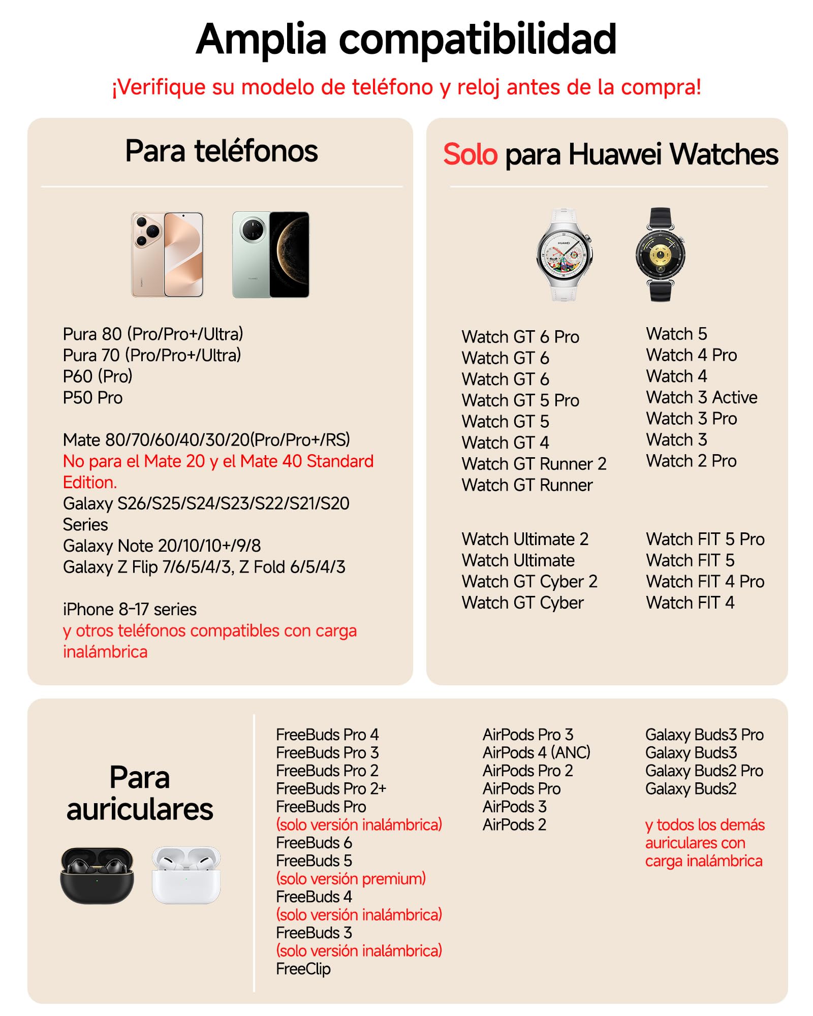 Cargador inalámbrico 3 en 1 para Huawei Watch, teléfono, Auriculares | Para Huawei Watch GT 6/GT 6 Pro/GT 5/GT 5, Reloj LED regulable, protección múltiple, indicador de carga, SwanScout C01HW