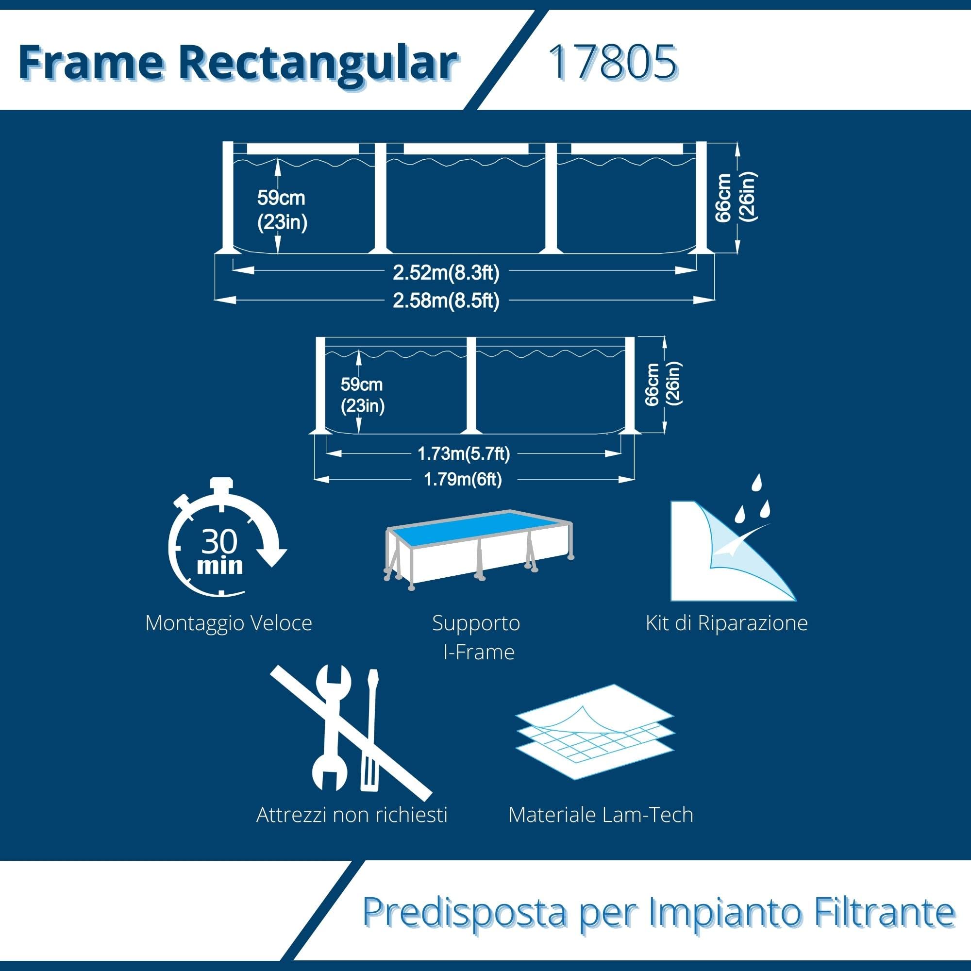 Avenli Piscina Fuoriterra Rettangolare con Struttura in Acciaio Cm 258x179x66 Azzurra con Predisposizione per Pompa Filtro