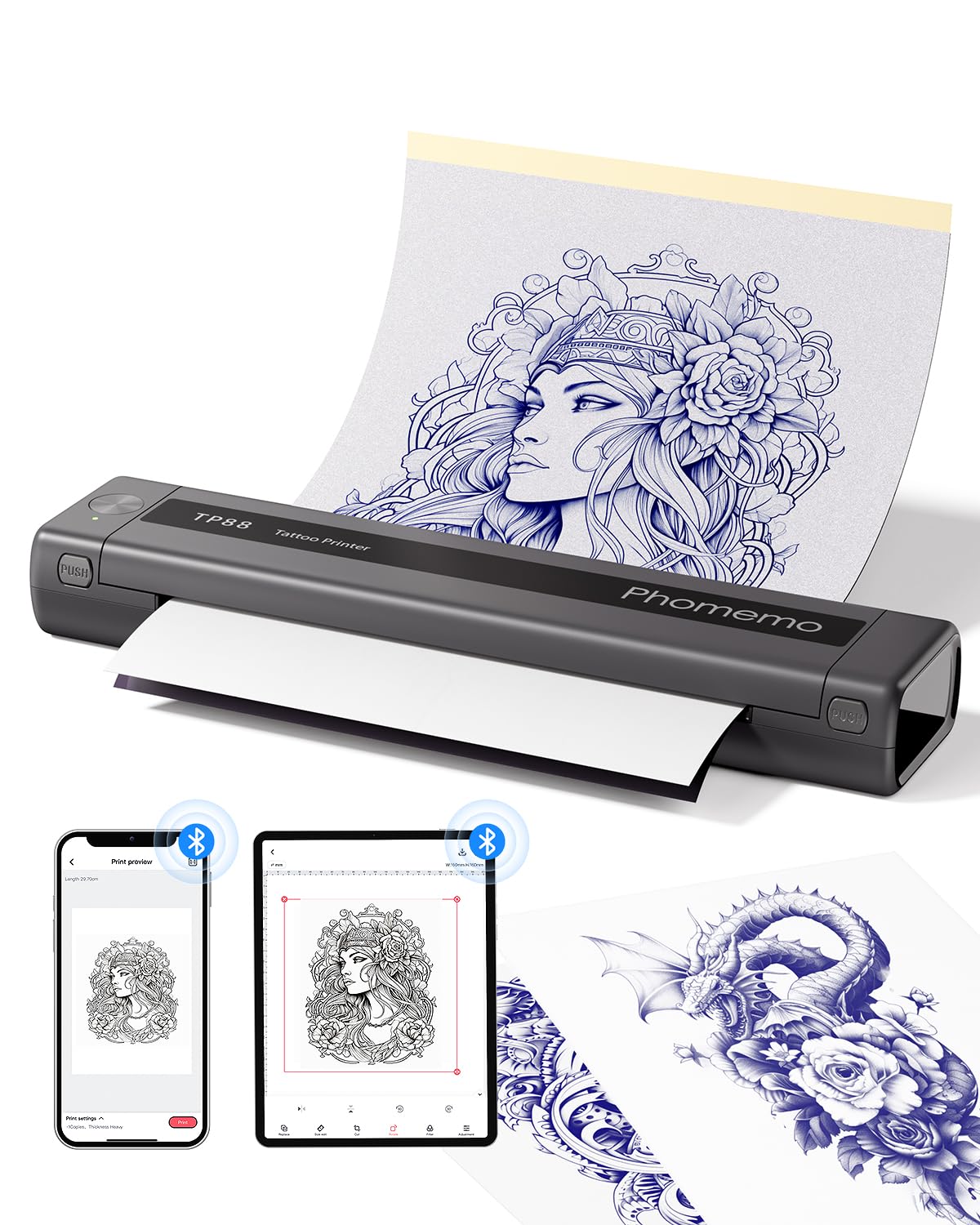 Phomemo Termocopiadora Tattoo, TP88 Impresora Termica Tattoo, A4 Impresora Tatuajes Portatil, Stencil Tattoo Printer Soporta Previsualización Tatuajes para Smartphone y PC con Papels Transfer Tattoo