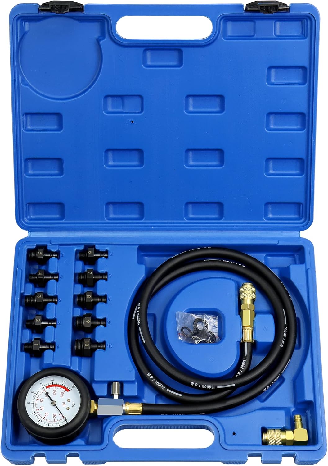 JoyFans Oil Pressure Tester Tool, 0-140PSI Oil Pressure Gauge Kit for Fuel System Mechanical Sensor Engine Cylinder Compression Test with Hose Adapters for Cars ATVs Trucks Use Blue Case