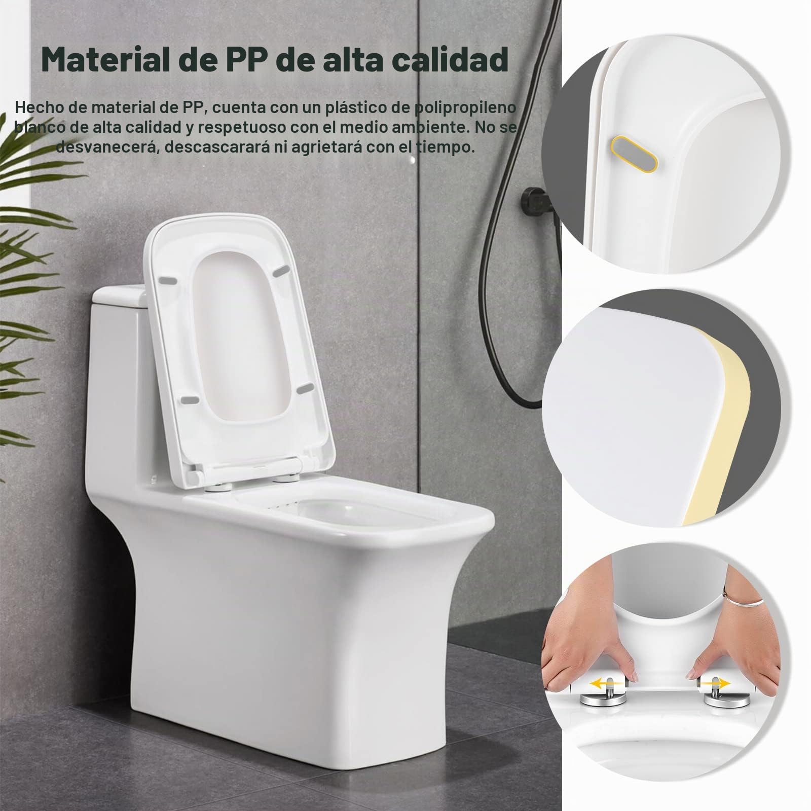 Asiento de inodoro blanco de cierre suave, asientos de inodoro con bisagras de cierre lento y liberación rápida para una fácil limpieza, fijación superior más firme (forma cuadrada)