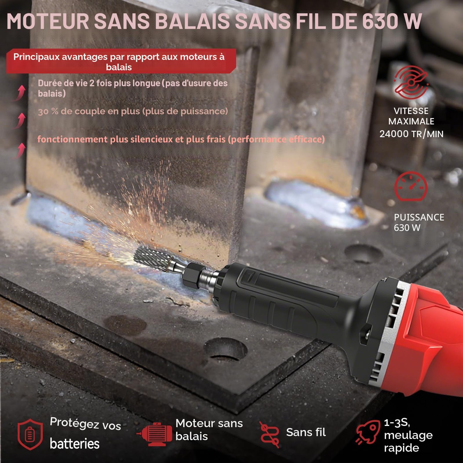 Meuleuse droite sans fil compatible avec batterie Milwaukee 18 V, 24 000 tr/min sans balais avec perceuse de 6 mm pour meulage, polissage, ébavurage (outil uniquement)