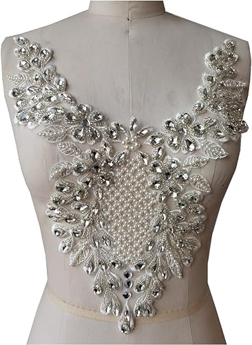 Miniatura 19 de Piedras de imitación hechas a mano de encaje apliques de costura a mano Parches Recorte para vestido Ropa Falda Escote Accesorios (negro)