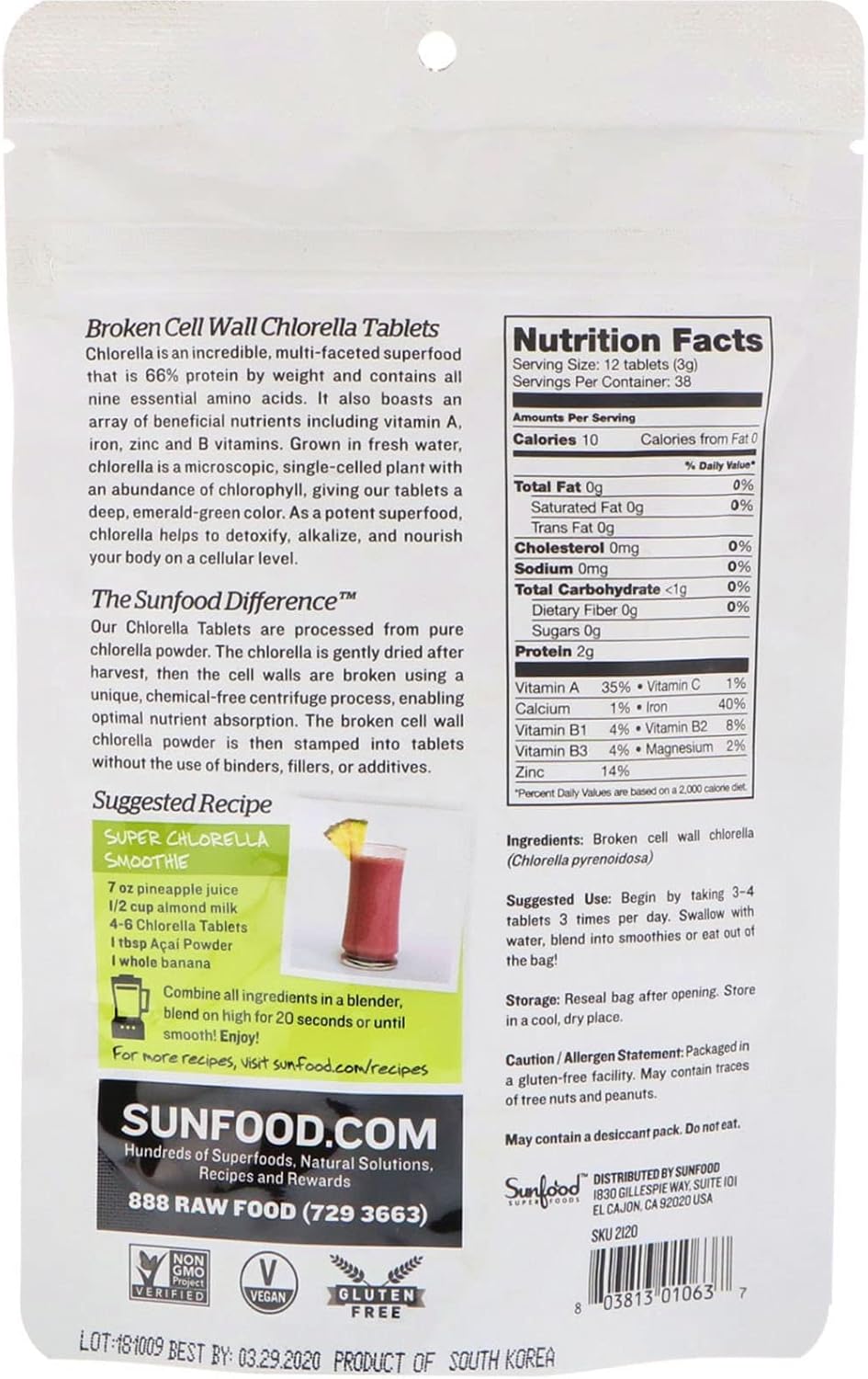 Sunfood Chlorella Tablets | Chlorophyll Rich | Broken Cell Wall | Blue Green Algae | Organic & Non GMO | Natural & Vegan | 100% Pure | 2 oz | 225 Tablets | 250 mg per Tablet : Health & Household