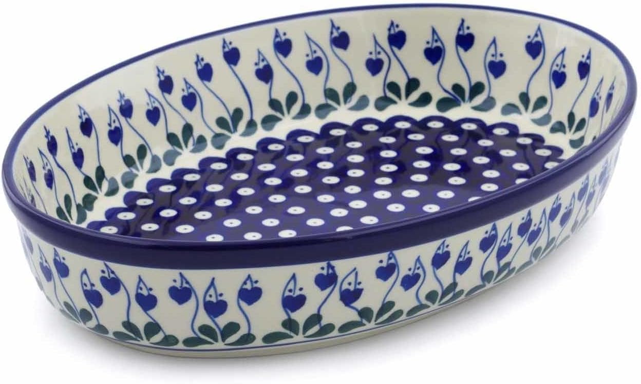 Polmedia Polish Pottery Oval Baker - Bleeding Heart Peacock Pattern Handmade in Boleslawiec Poland by Ceramika Artystyczna + Certificate of Authenticity