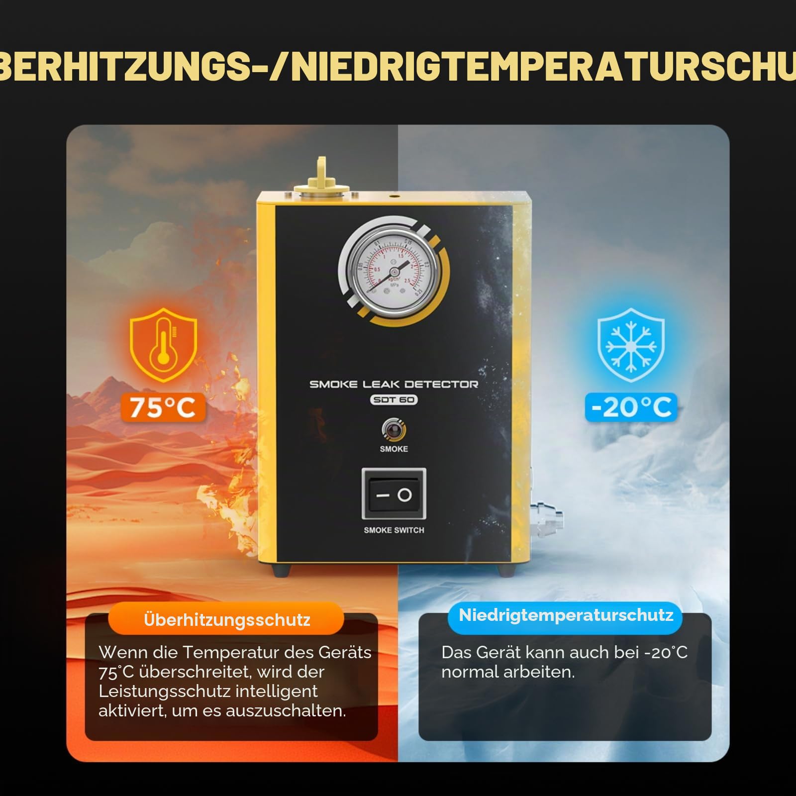 SDT60 Rauchleckdetektor | 12V Auto Rauchmaschine mit Integrierter Luftpumpe & Manometer | Tragbar 1,6kg EVAP Lecktester für PKW, Motorrad, LKW | Leckagesuche Ansaug- & Turboladersystem